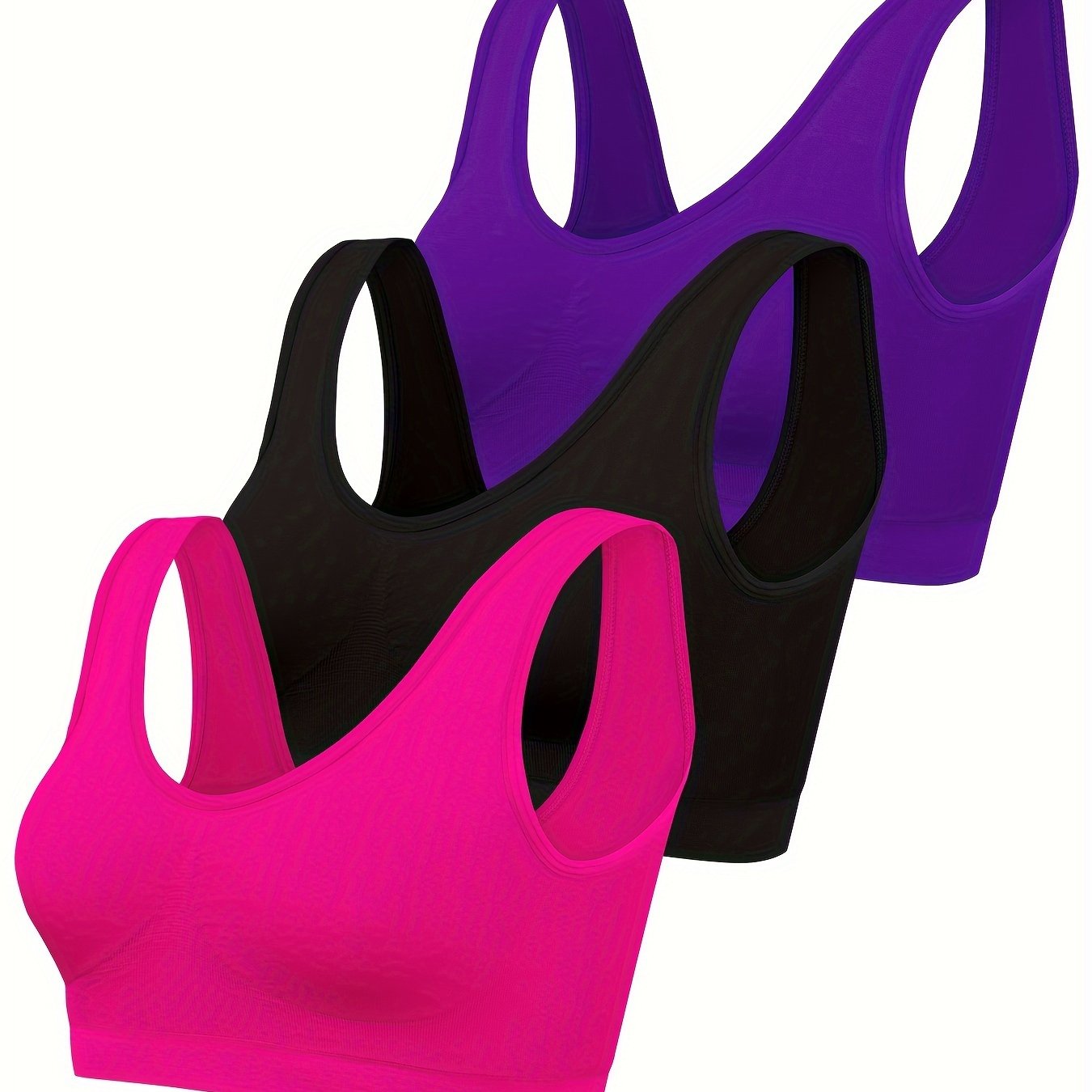 Women's Seamless Sports Bras 3-Pack Black White Beige Ribbed Nylon Tank Top Style No Padding