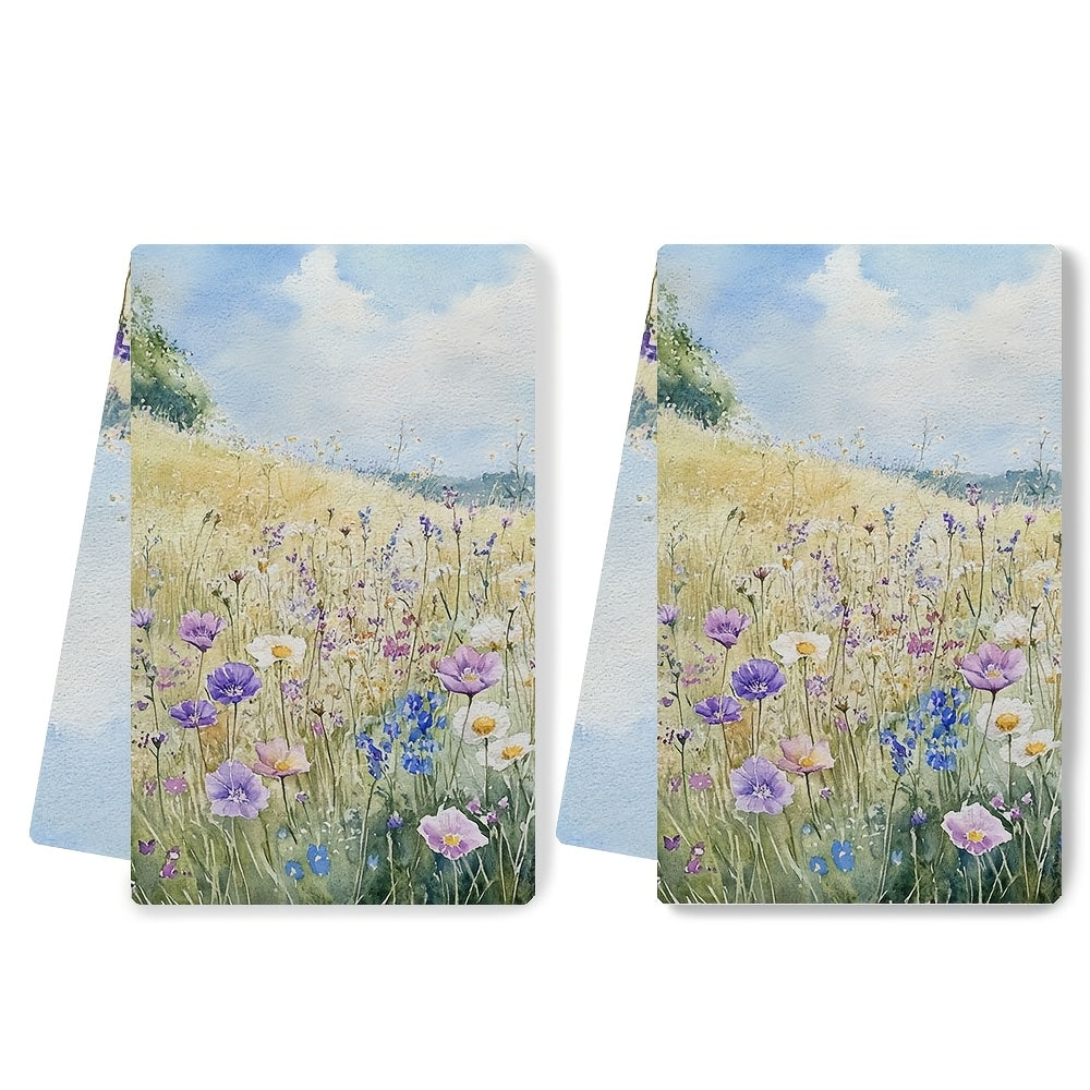 Two Pieces Ultra Soft Kitchen Towels Wildflower Meadow Design 40x60cm Absorbent