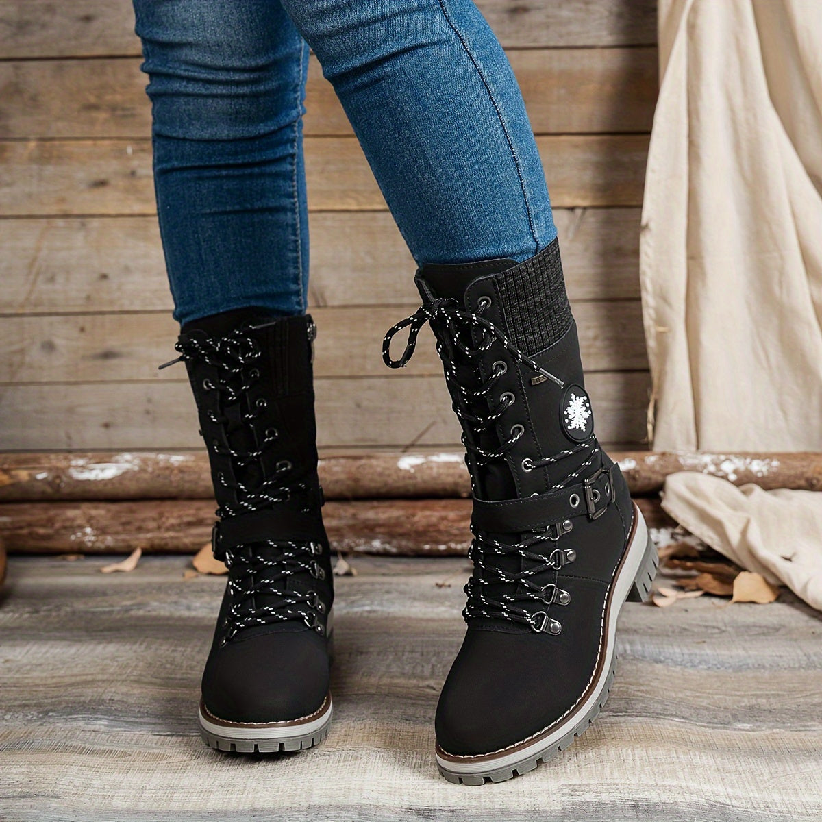 Women's Knitted Splicing Mid Calf Boots Lace Up Side Zipper Chunky Heeled Outdoor