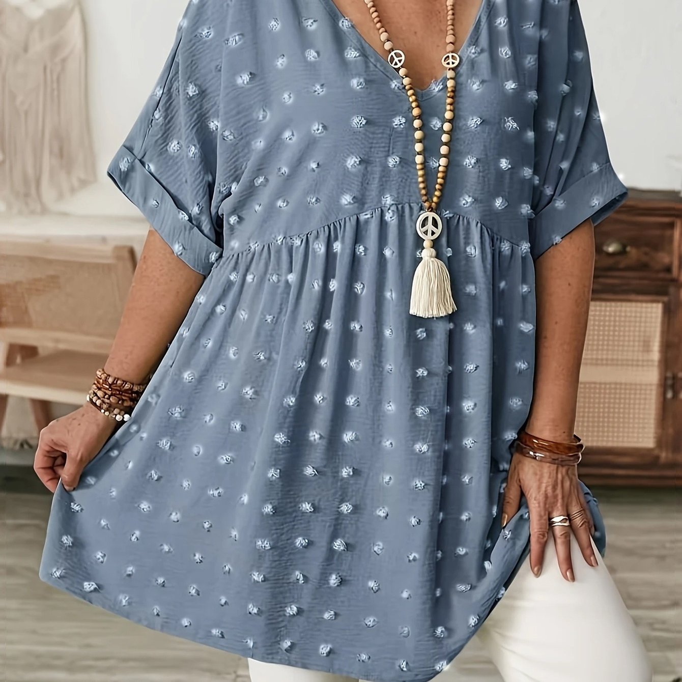 Women's Plus Size V-Neck Batwing Sleeve Blouse Stretchy Polyester Black White Dot