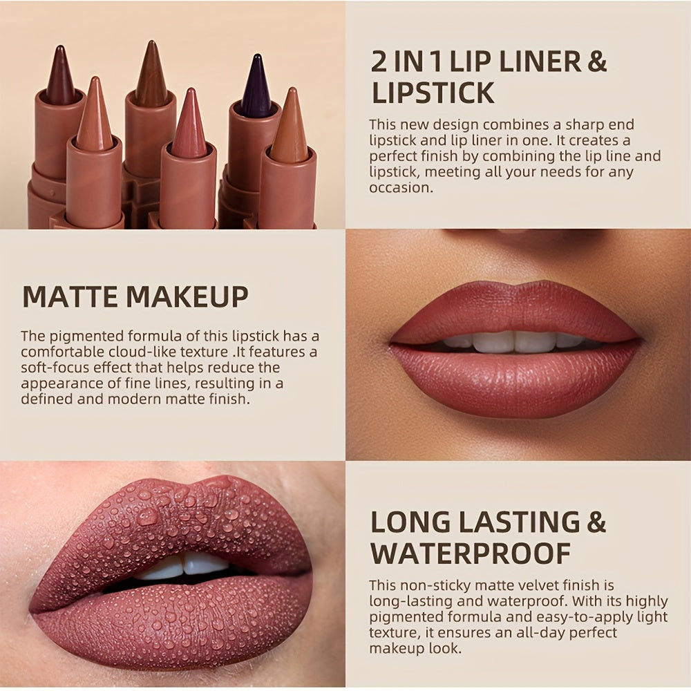 Women Matte Lip Liner and Lipstick Duo Waterproof Long-Lasting Brown Shades