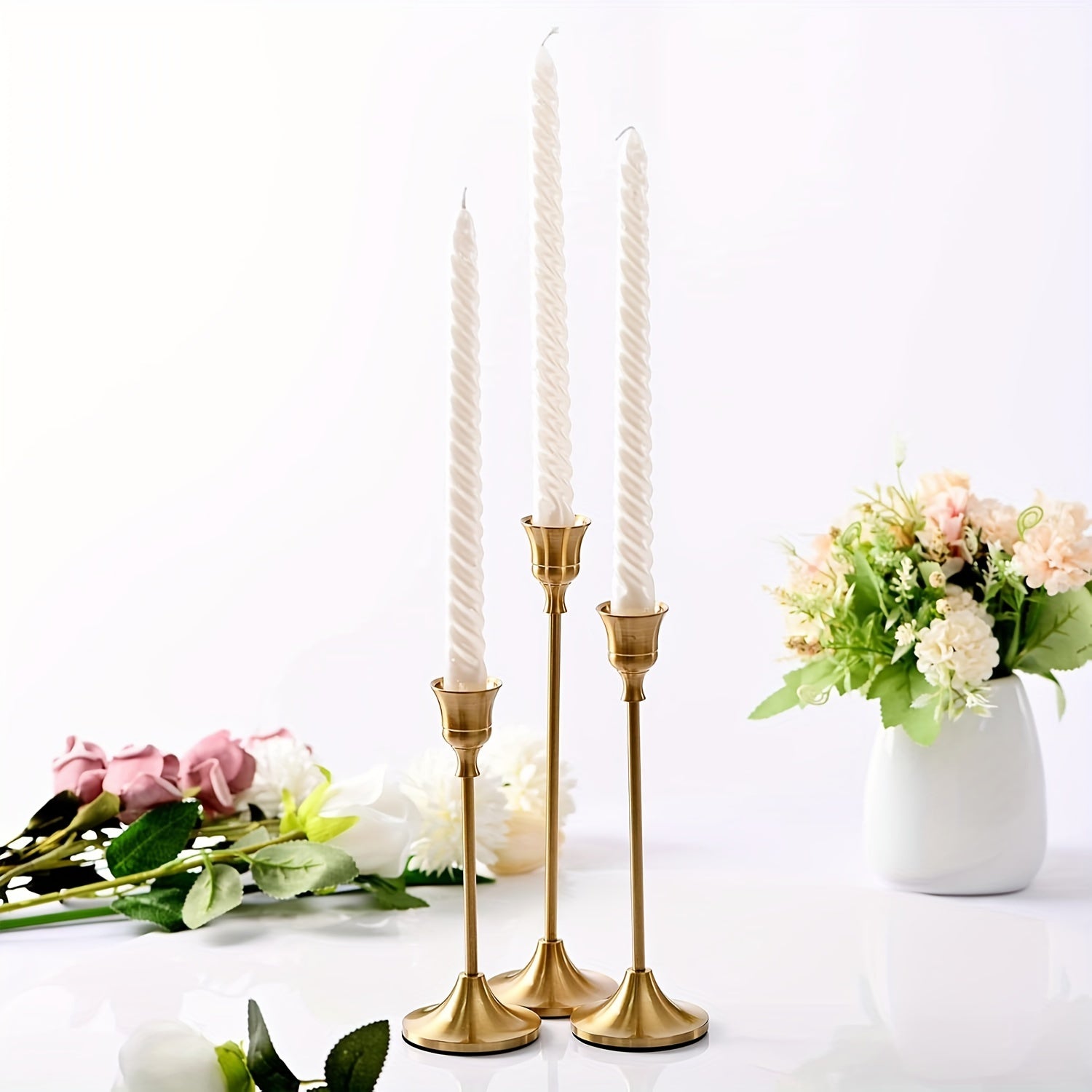 Brass Cone-Shaped Candle Holders Set for Vintage Modern Decor Centerpieces Mantels Weddings Christmas Housewarming