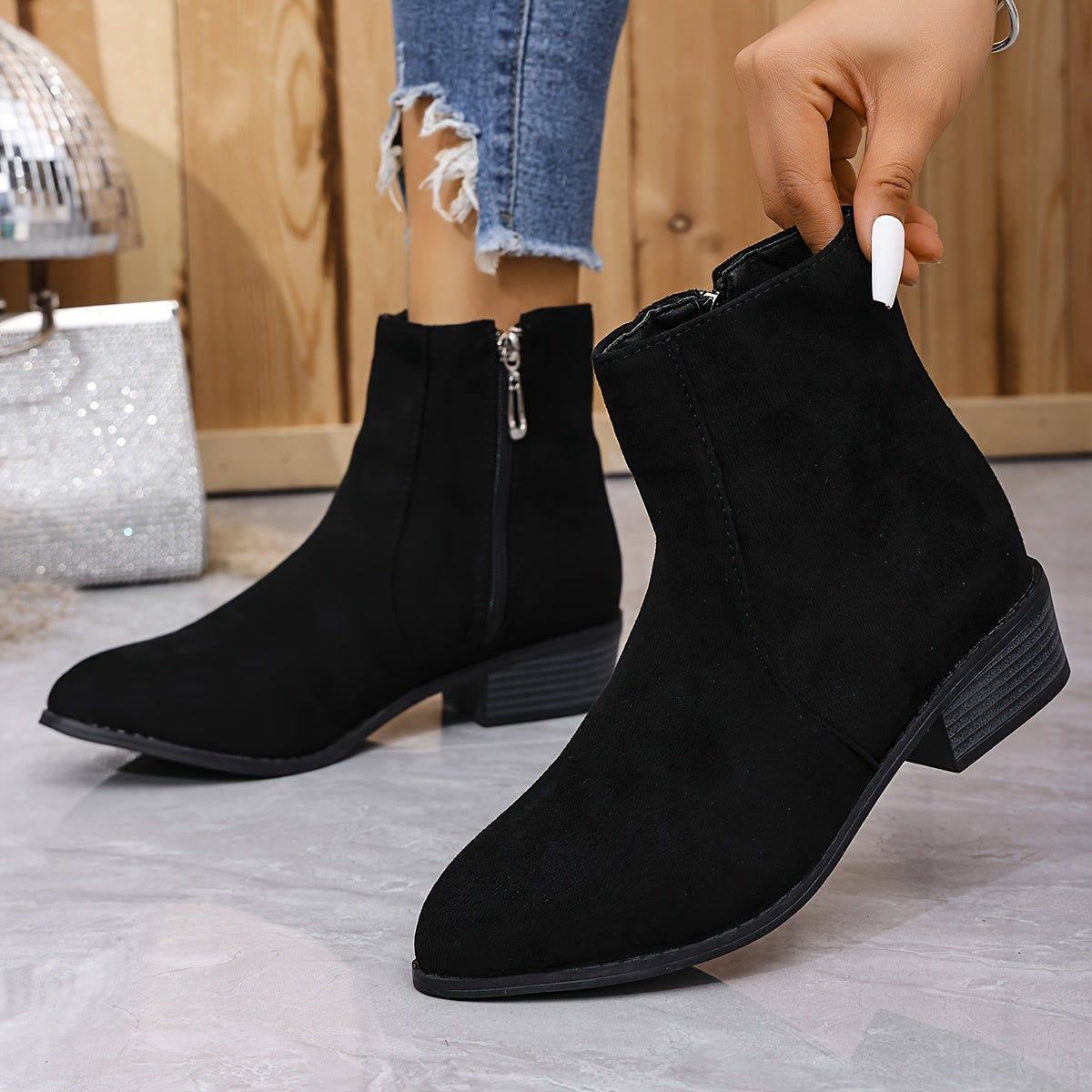 Women Solid Color Casual Ankle Boots Pointed Toe Zipper Block Heel
