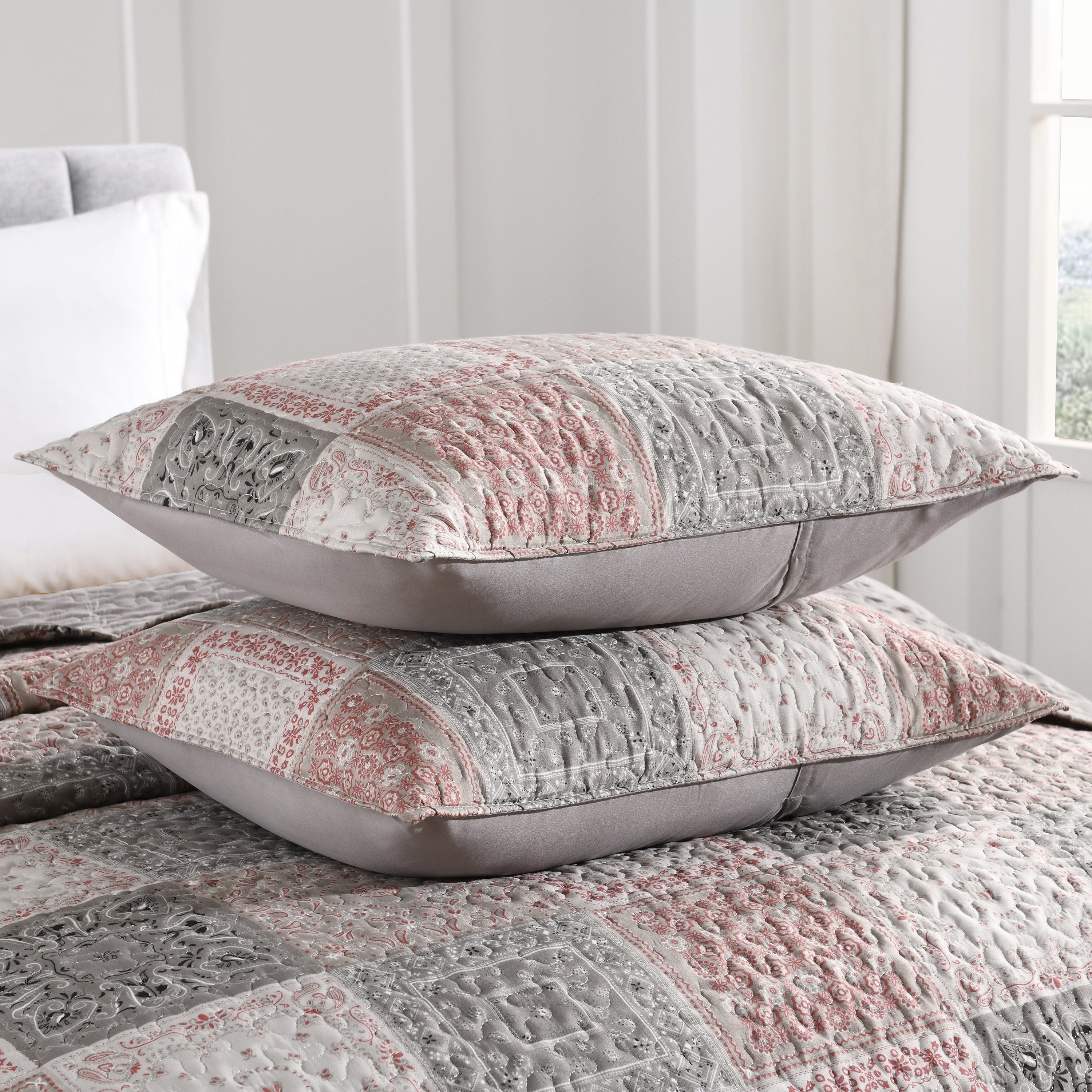 Floral Print 3-Piece Bedspread Set Reversible Polyester Double Bedspread with 2 Pillowcases