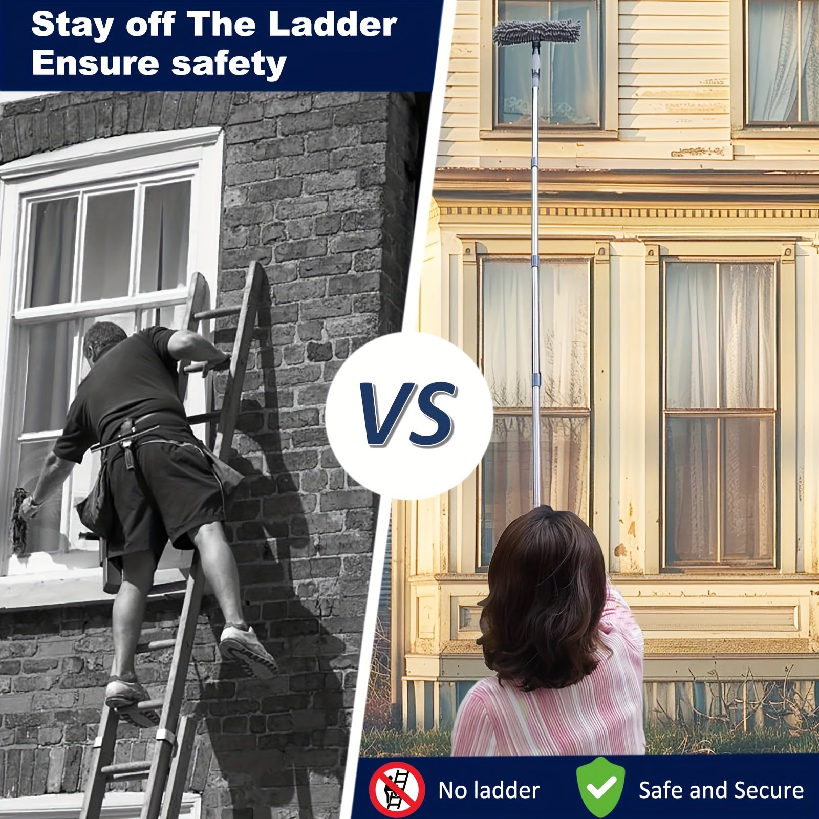 Cho'ziladigan Deraza Tozalash To'plami, Qaychi va Mikrofiber Tozalovchi bilan - Yuqori Shiftlar, Ventilyatorlar, Parda, Mebel va Avtomobil Detallash uchun 2-in-1 Tizimi - 10 Ta Polka Bilan Keltiriladi