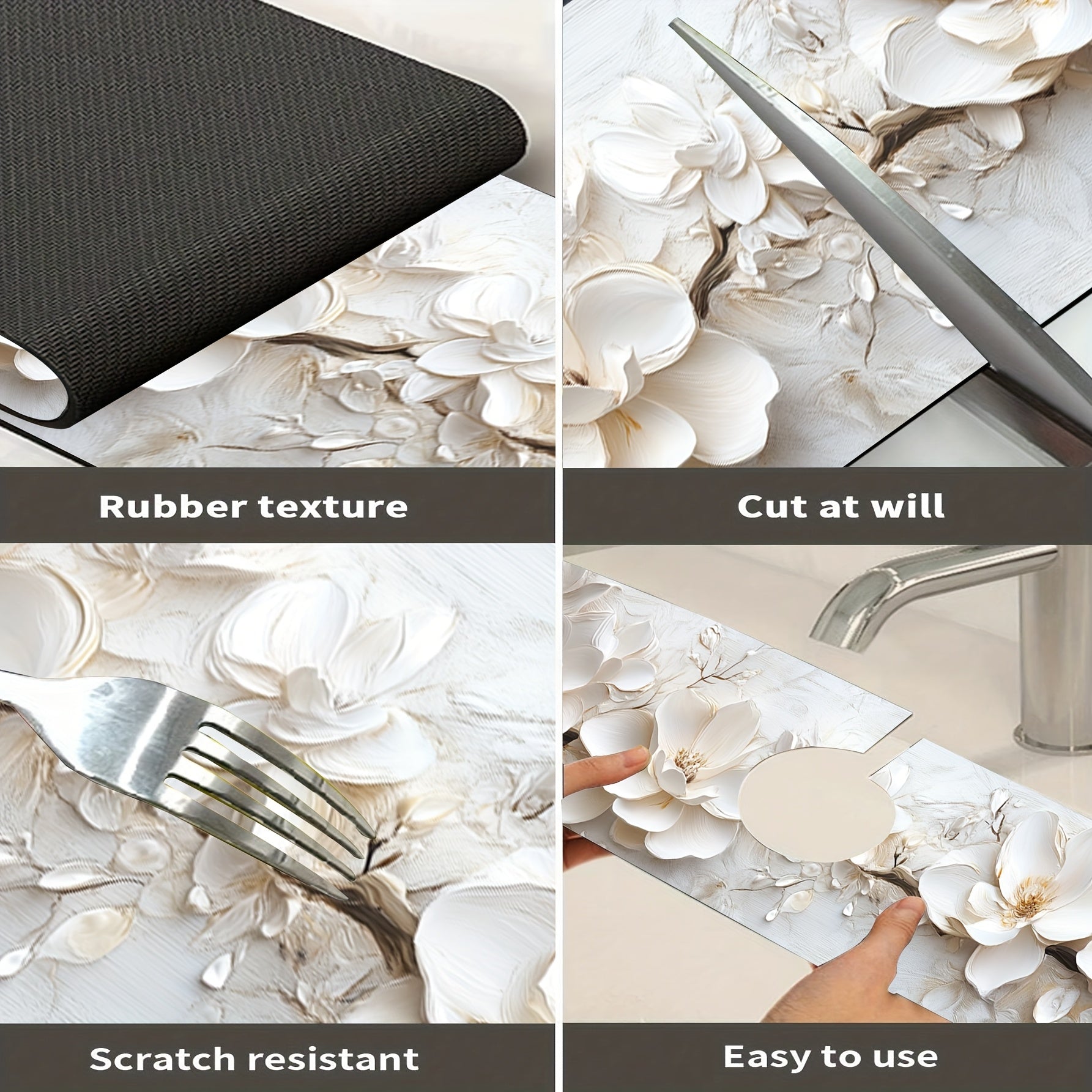 3D Floral Faucet Mat White Moisture-Proof Polyester with Suction Cup