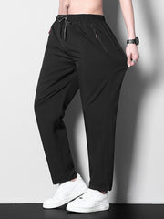 Men's Solid Polyester Casual Pants with Zipper Pockets for Summer Outdoor Activities