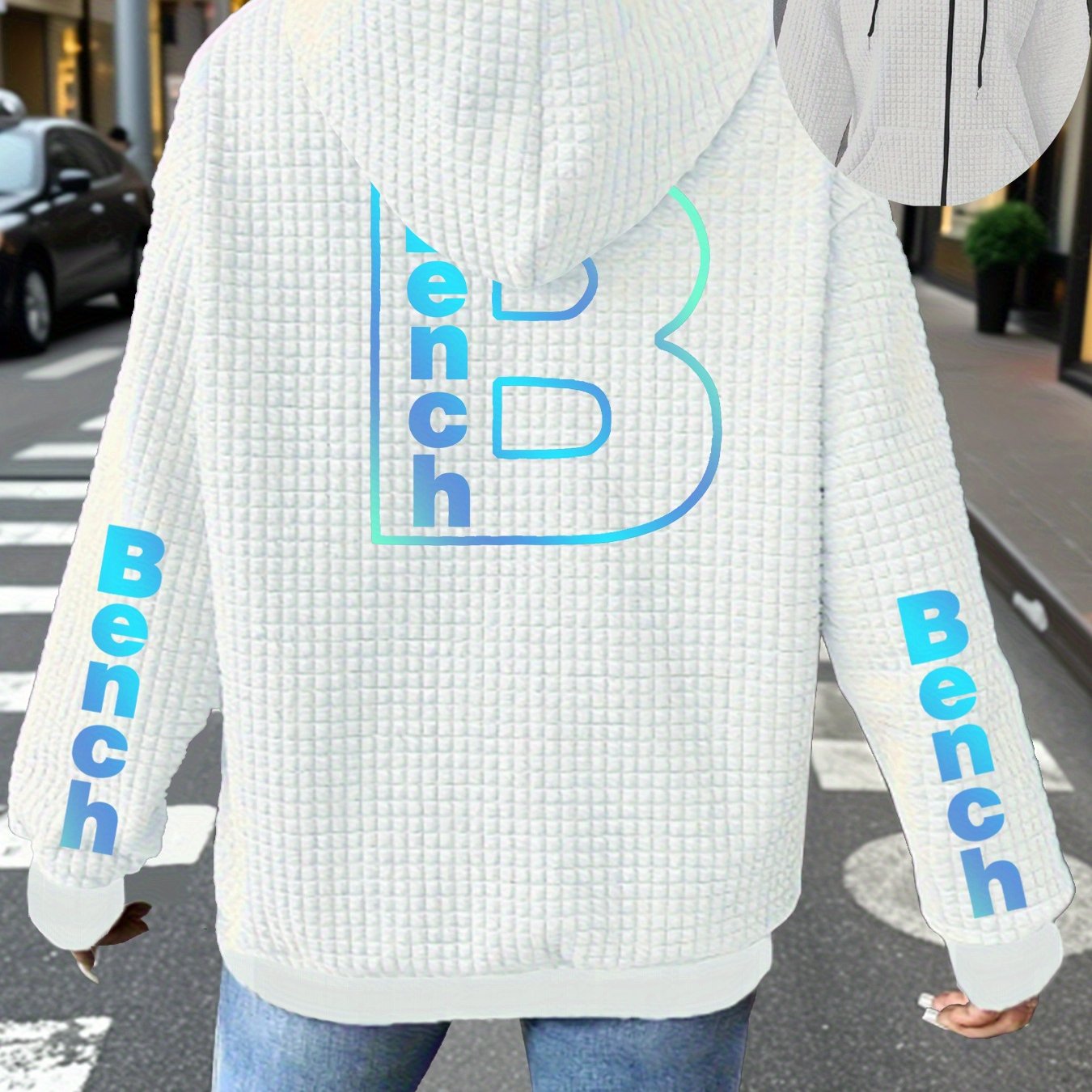 Plus Size Womens Lightweight Hooded Casual Jacket White Blue Letters