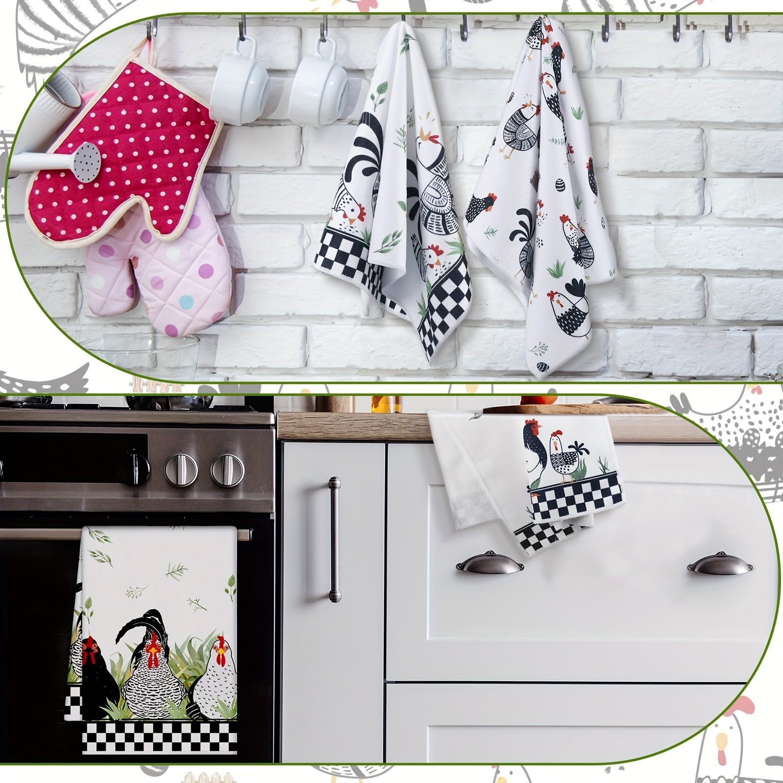 Buffalo Plaid Rooster and Hen Hand Towels for Farmhouse Kitchen Decor