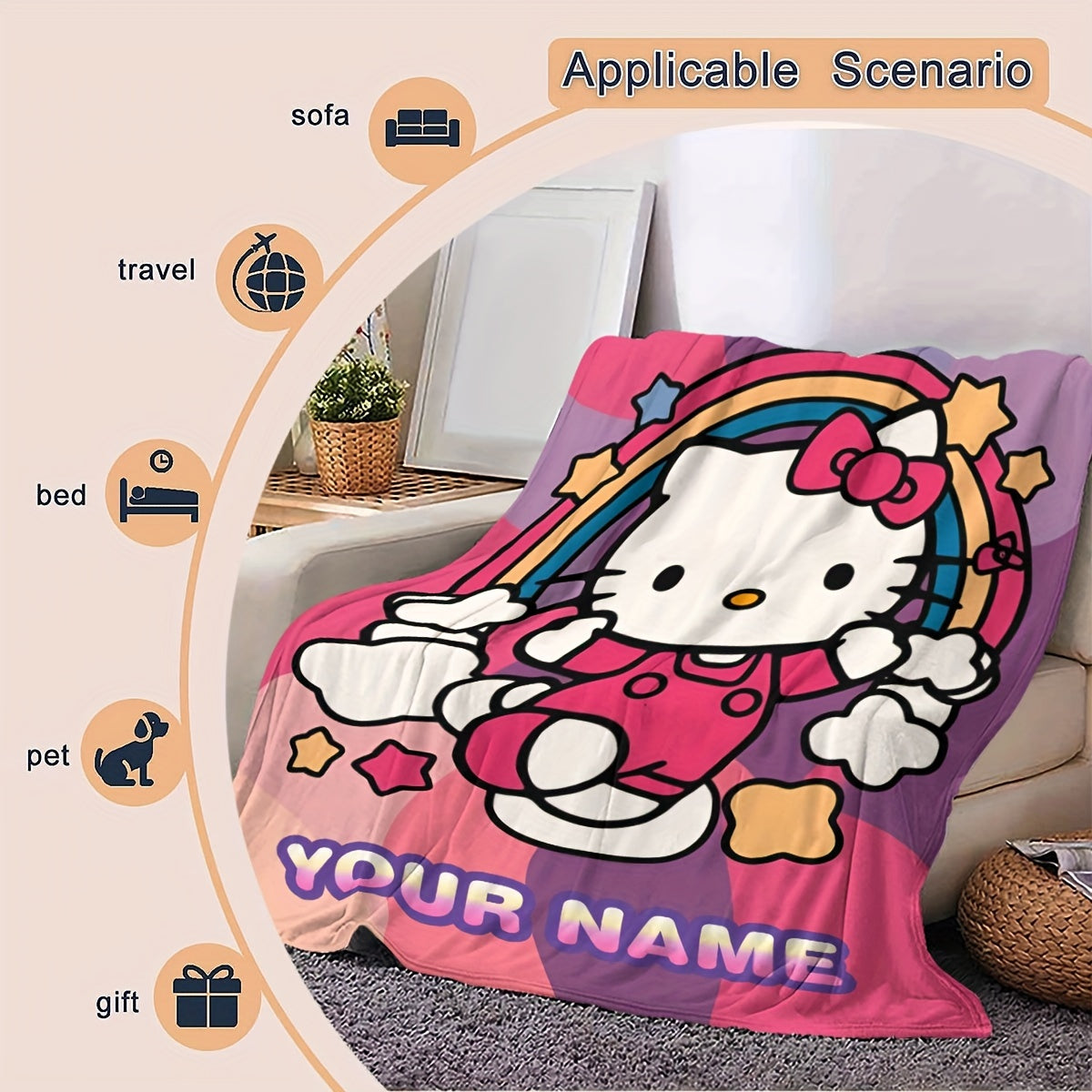 Personalized Cartoon Hello Kitty Flannel Blanket for Kids and Adults