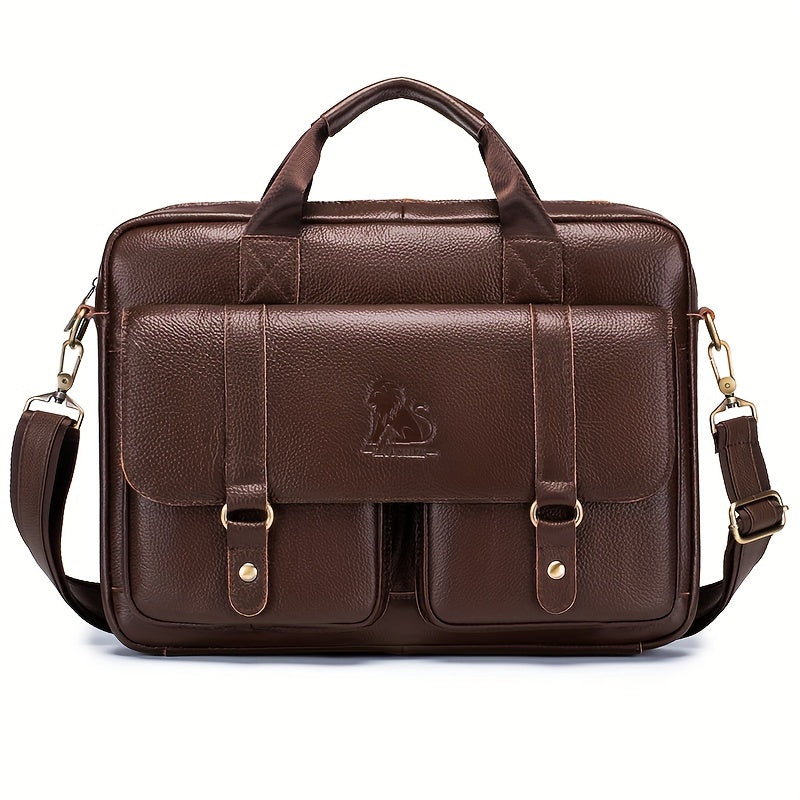 Men's Leather Briefcase with Multiple Compartments and Adjustable Shoulder Strap Coffee