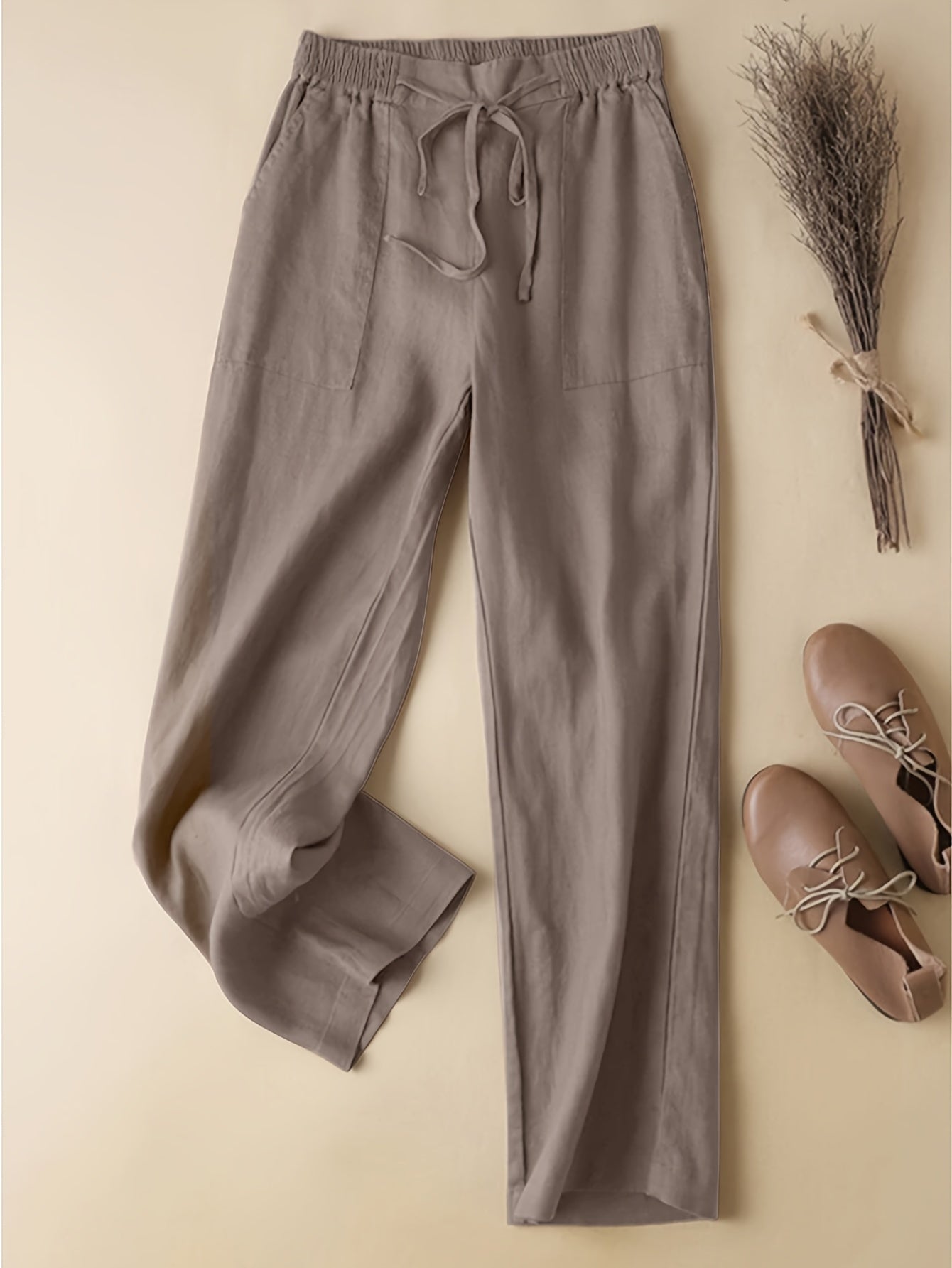 Pantalones rectos de talla grande con bolsillos sólidos, ropa casual de cintura elástica con cordón para mujer