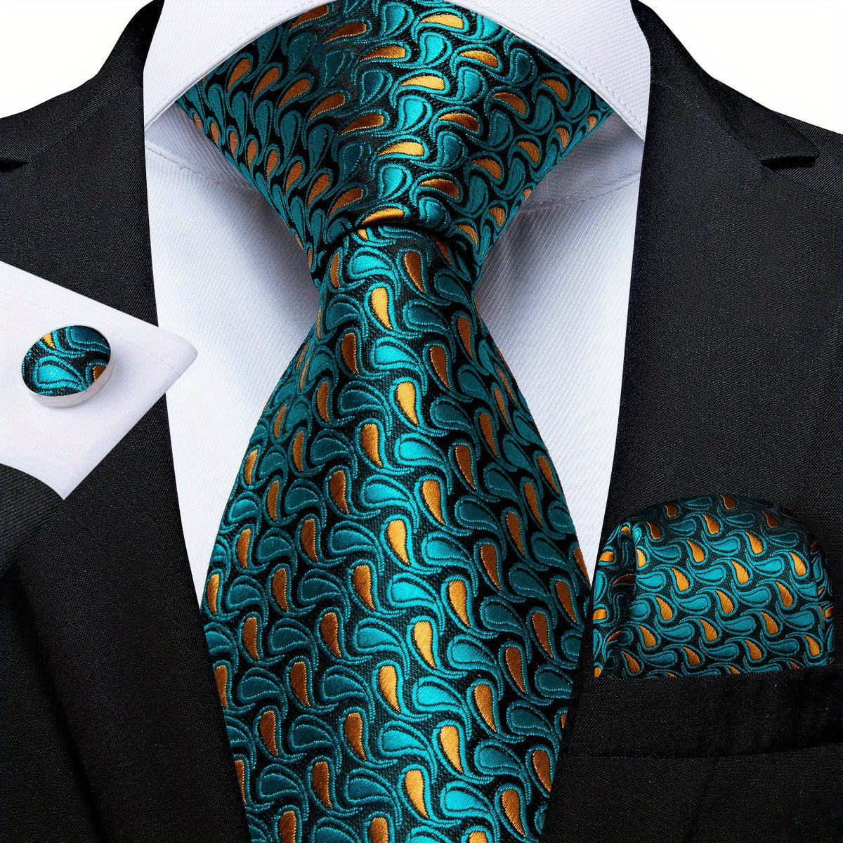 Men's Blue Paisley Striped Tie Handkerchief Cufflinks Wedding Accessories Set