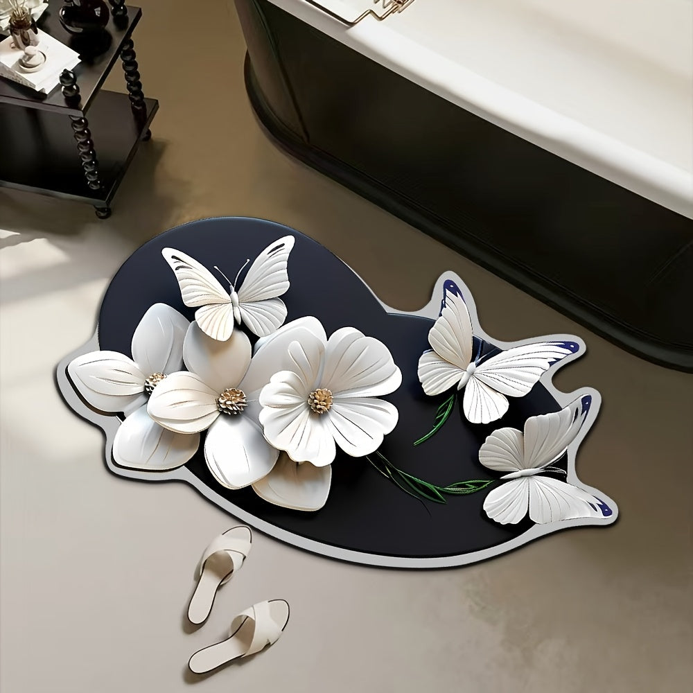 3D Flower Butterfly Pattern Non-Slip Bathroom Rug Water-Absorbent Quick-Drying Oval