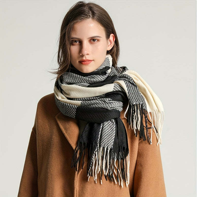 Chal con flecos para otoño e invierno, unisex, de imitación cachemira a cuadros