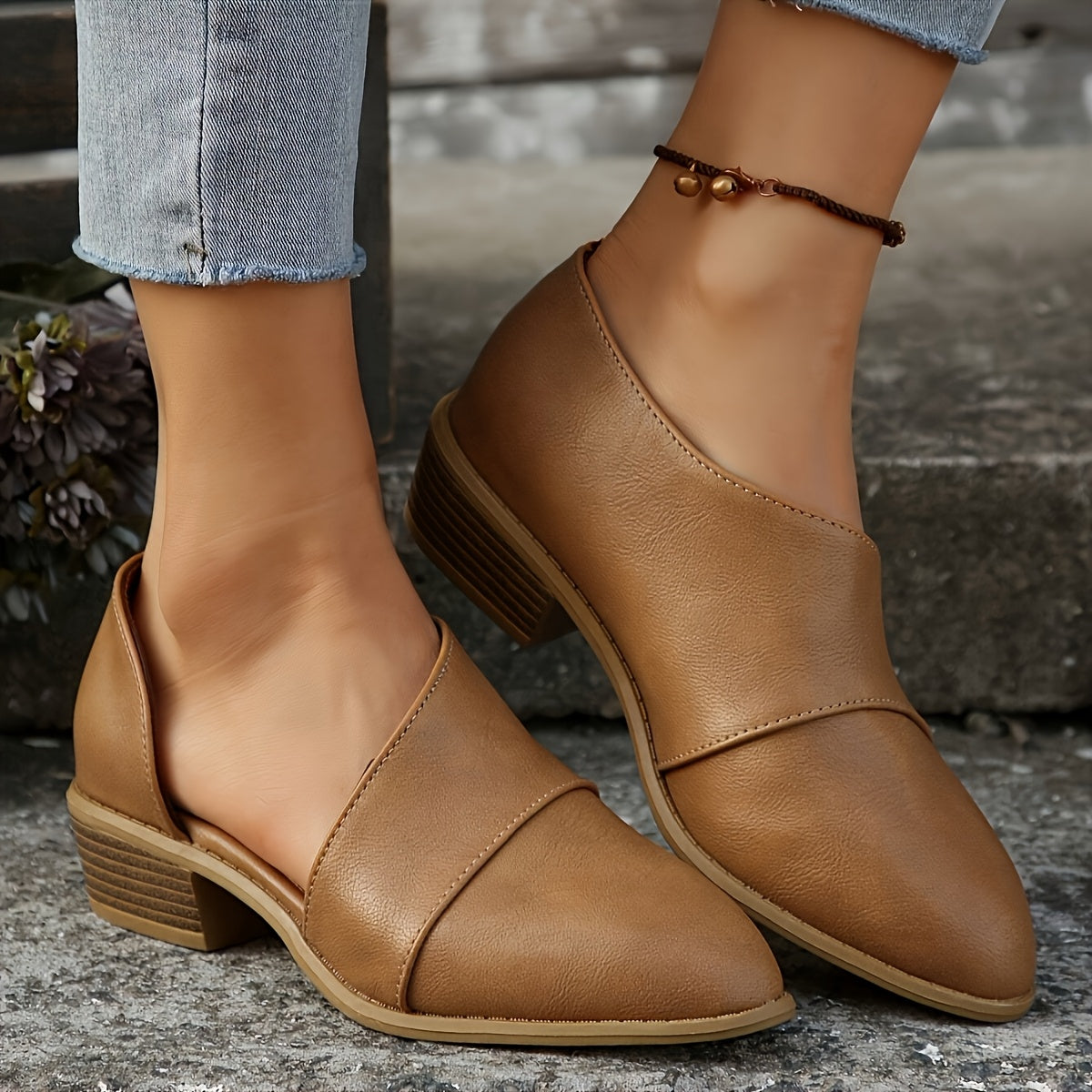 Women's Slip-On Pointed Toe Ankle Boots with Chunky Heel and Cut-Out Design