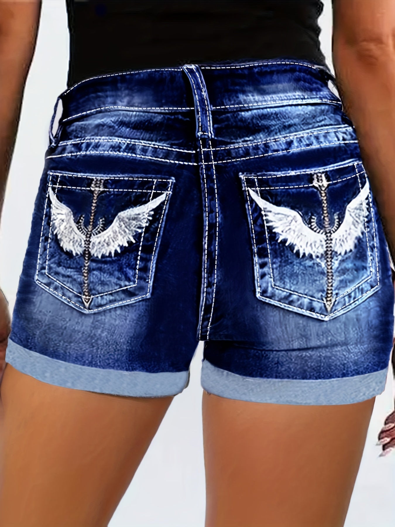 Women's Plus Size Blue Denim Shorts Cuffed Hem Embroidered Wings