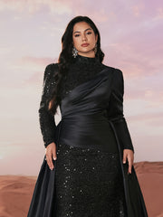 Plus Size Black Sequin Gown Satin Pleats Formal Dress for Weddings Prom