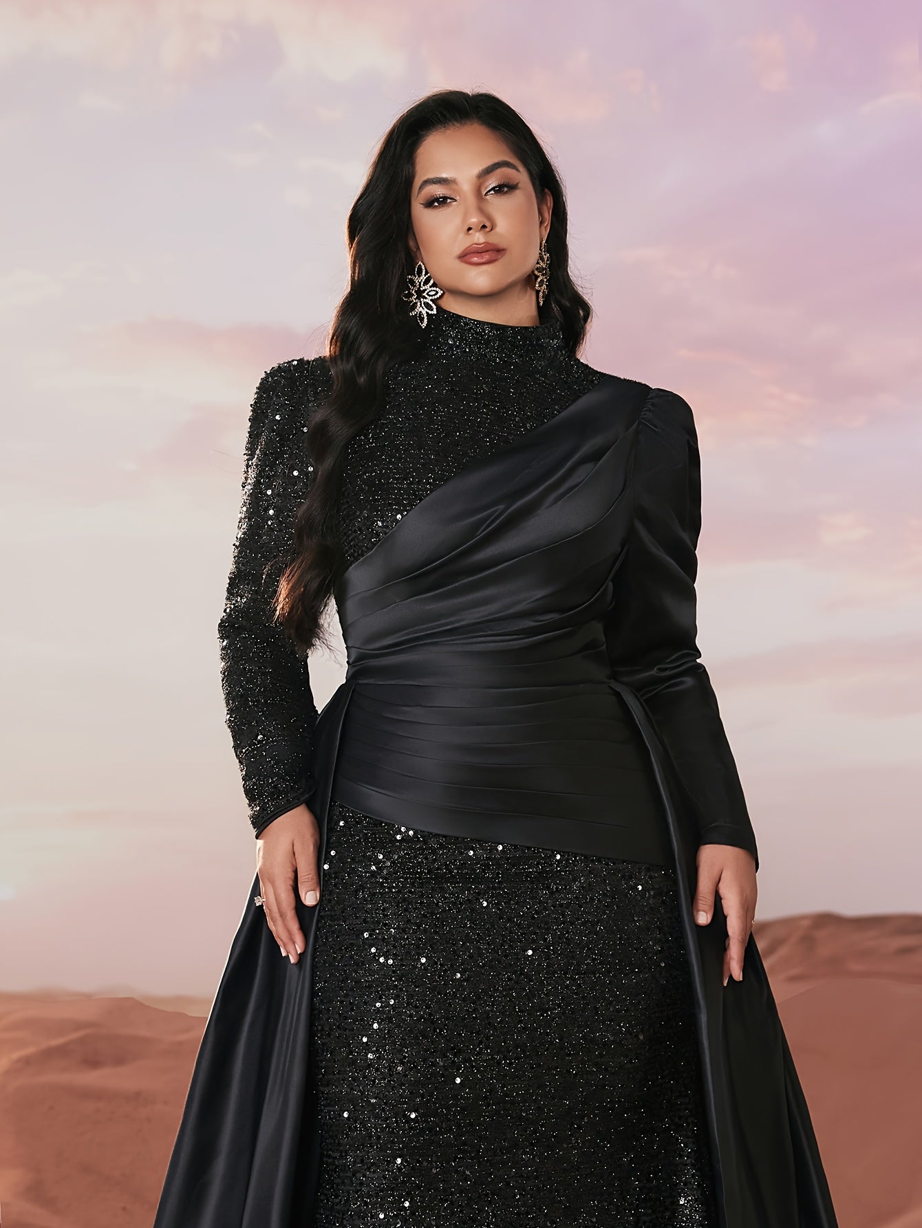 Plus Size Black Sequin Gown Satin Pleats Formal Dress for Weddings Prom