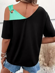 Plus o'lcham ayollar uchun rang-blokli ochiq yelka qisqa ko'ylakli futbolka