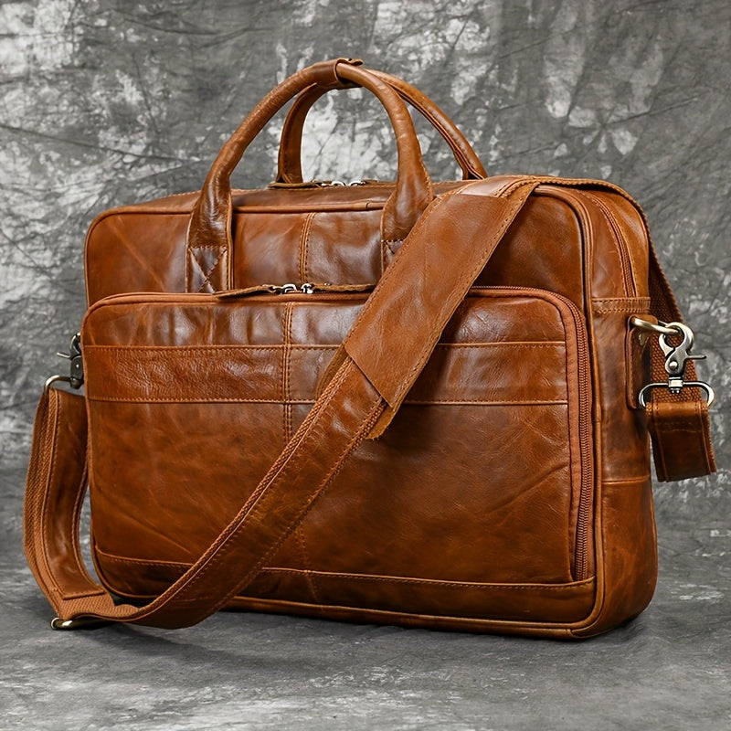 Men's Genuine Leather Briefcase with Laptop Compartment and Adjustable Shoulder Strap
