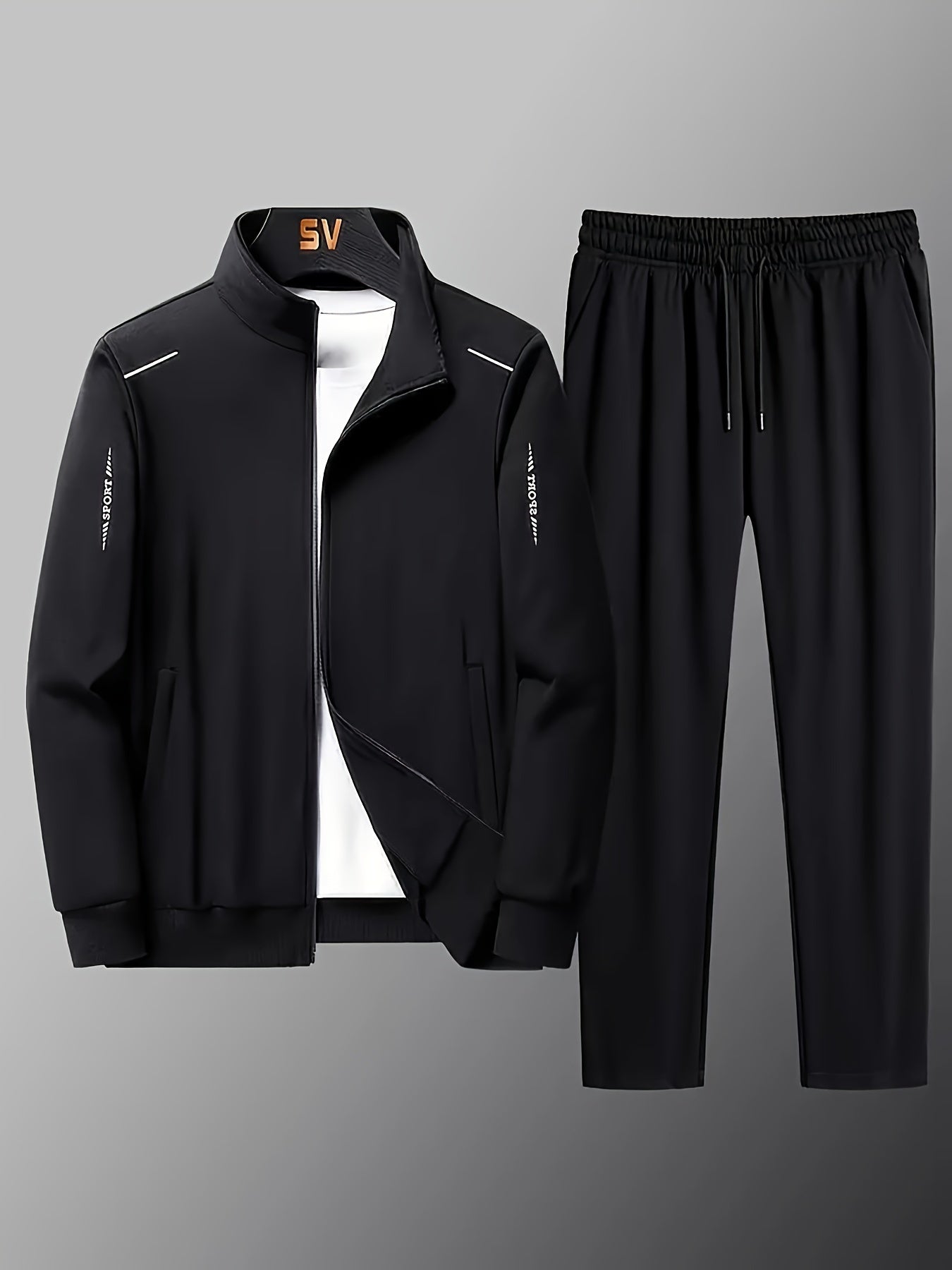 Men's Casual Sportswear Set with Zipper Jacket and Lapel Collar Polyester Knit Fabric