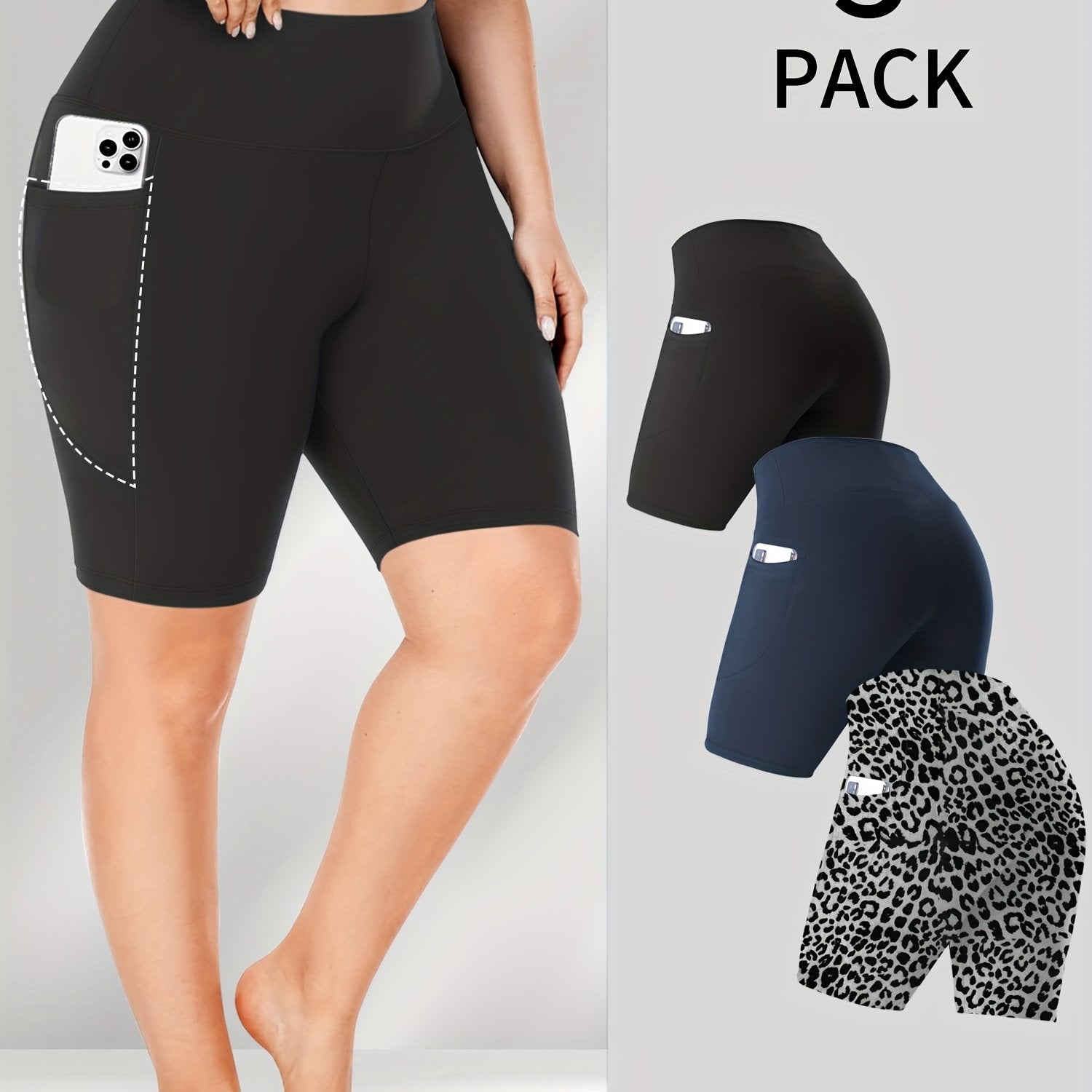 Women's High-Waist Biker Shorts Plus Size Crescent Moon Pockets Stretchy Polyester