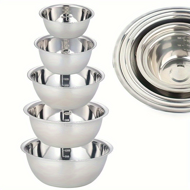 Set of 5 Stainless Steel Mixing Bowls with Built-in Scale for Cooking Baking and Meal Prep