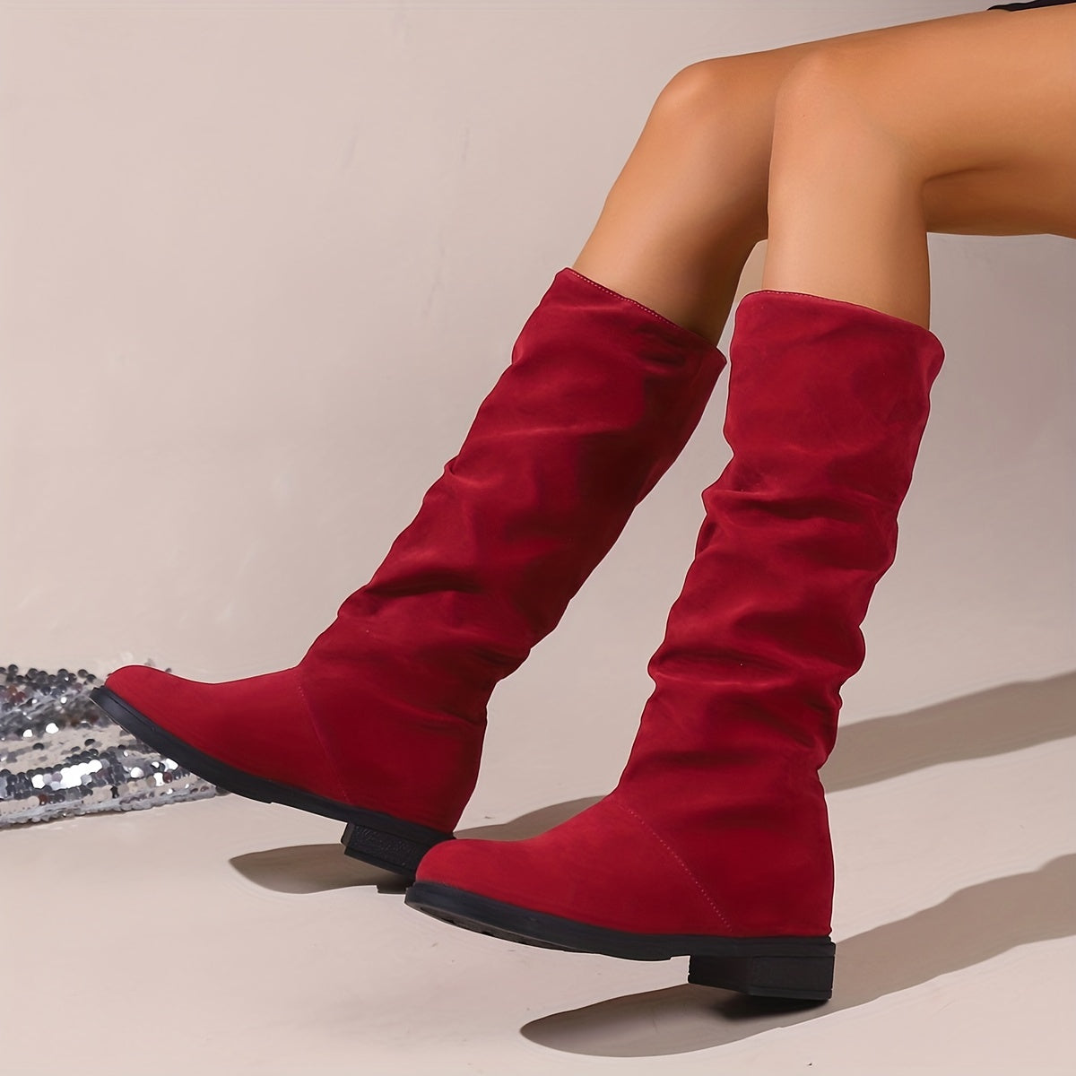 Women's Red Slouchy Boots Mid-Calf Chunky Heel Casual