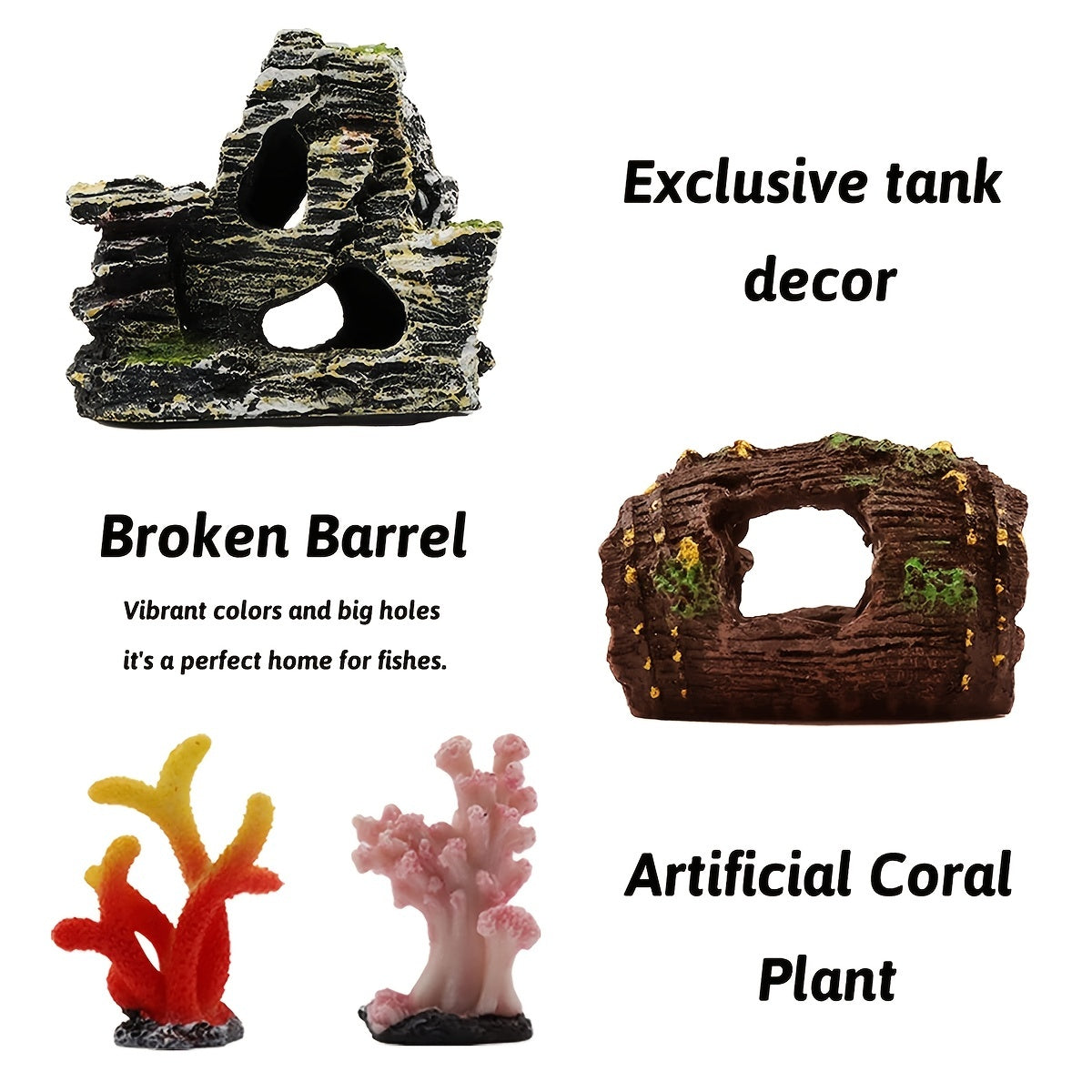 15pcs Fish Tank Decorations Resin Broken Barrel Cave Rock Plastic Plants