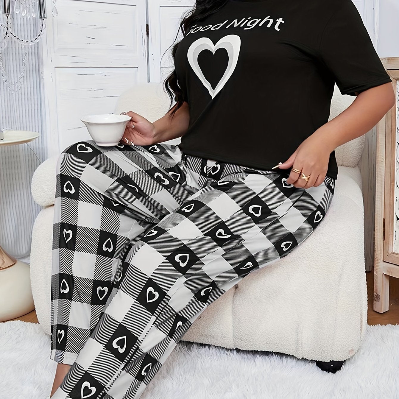 Women's Heart Print Casual Loungewear Set Black Short Sleeve Top and Pants