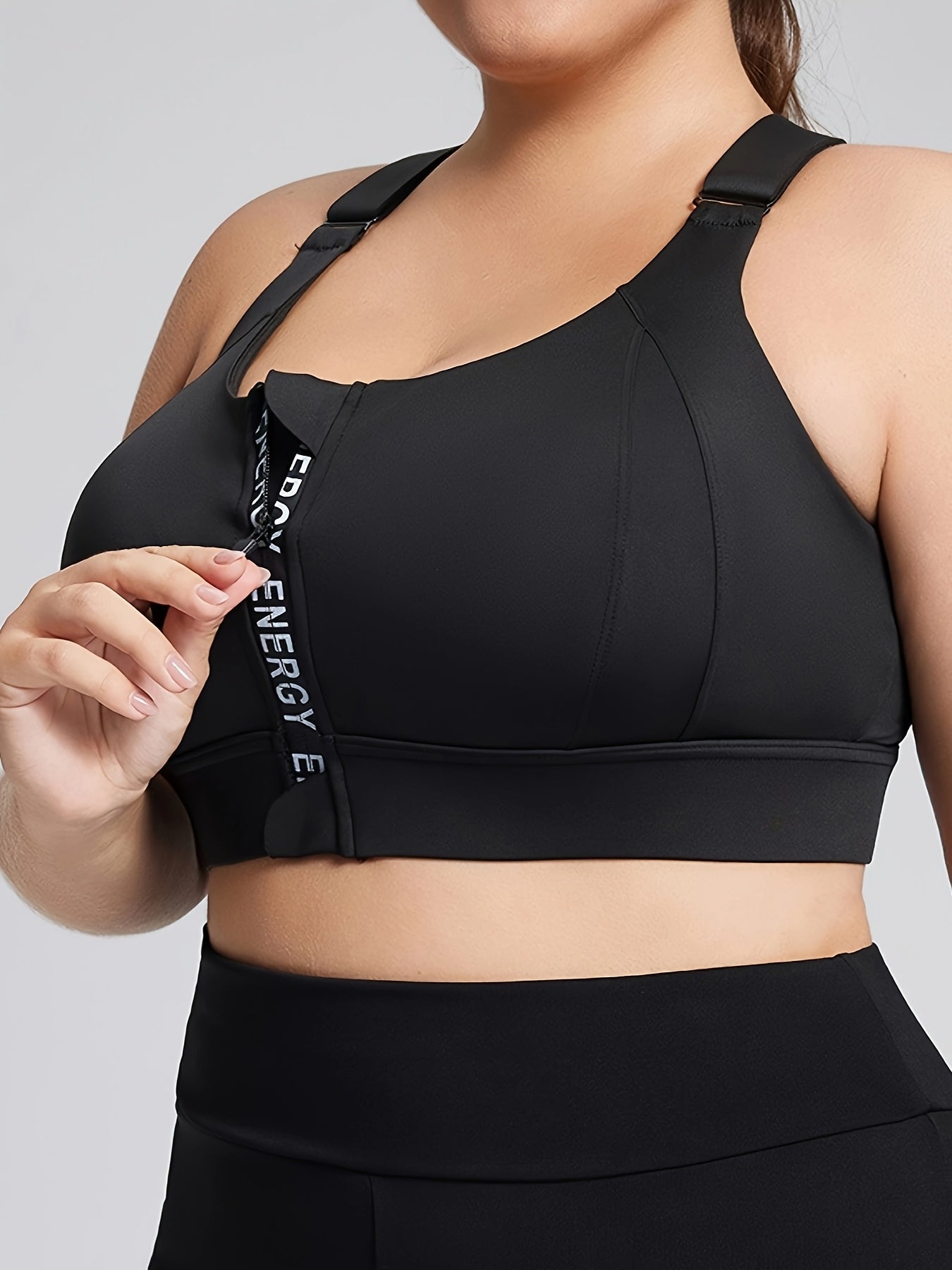 Plus Size Sport Bra With Zipper Letter Yoga Vest Adjustable Straps