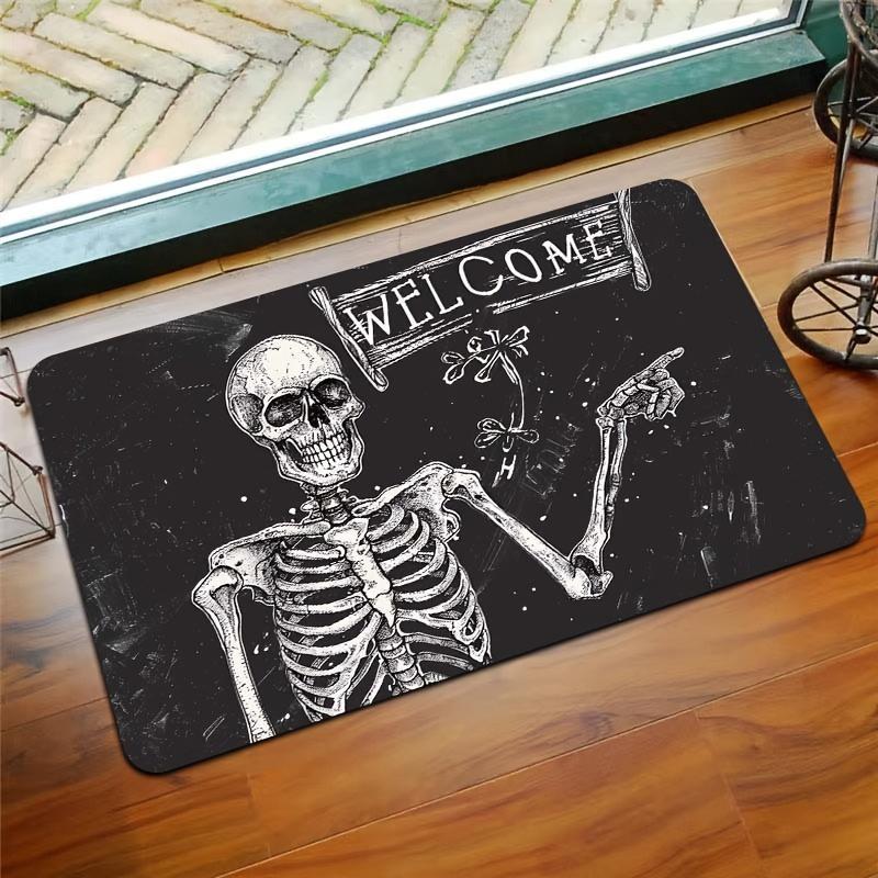 Skeleton Welcome Doormat Indoor Polyester Flannel Rectangle Entryway Mat