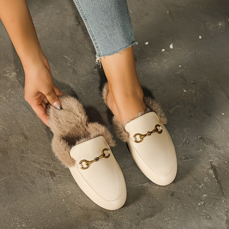 Women's Fluffy Plush Flats with Metallic Buckle Winter Warm Fleece Shoes