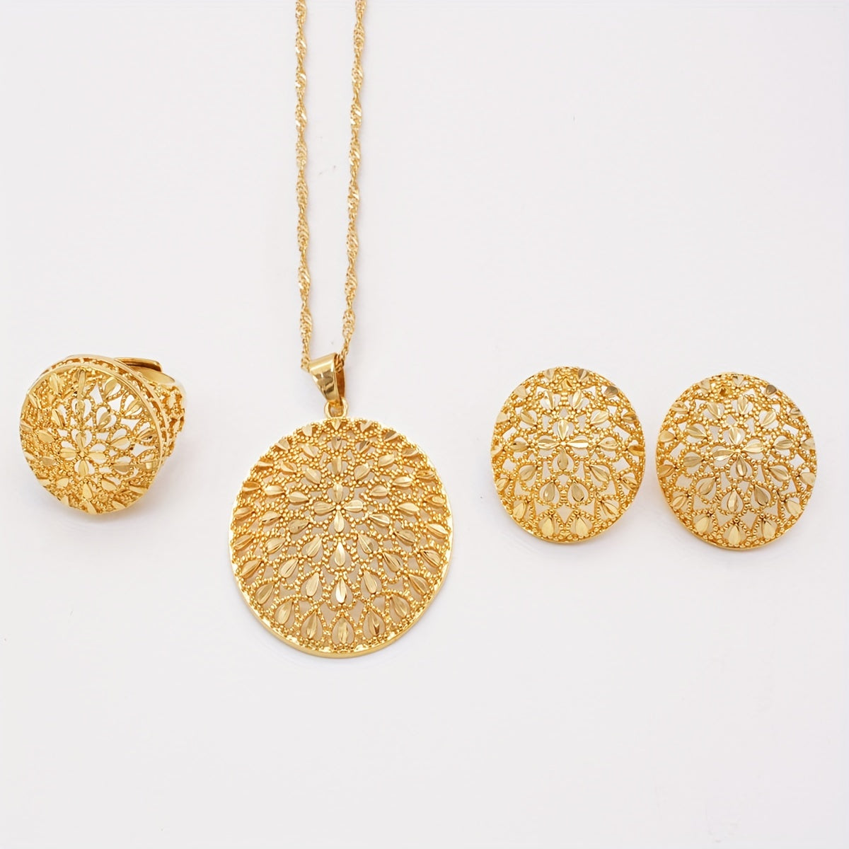 Gold-Plated Jewelry Set for Women African-Inspired Necklace Earrings Ring Gift