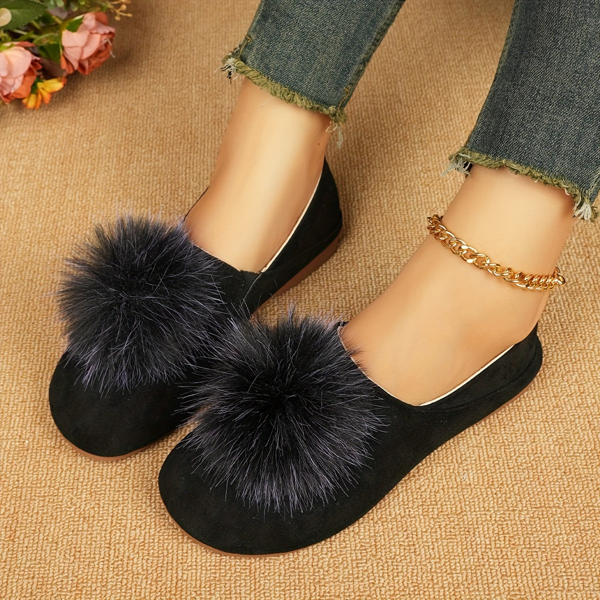 Women's Casual Flats with Pom Poms Solid Color Slip-On Shoes