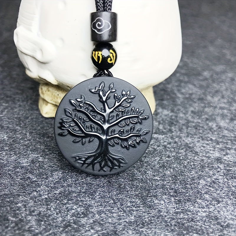 Men's Obsidian Life Tree Pendant Necklace Natural Black Stone Jewelry