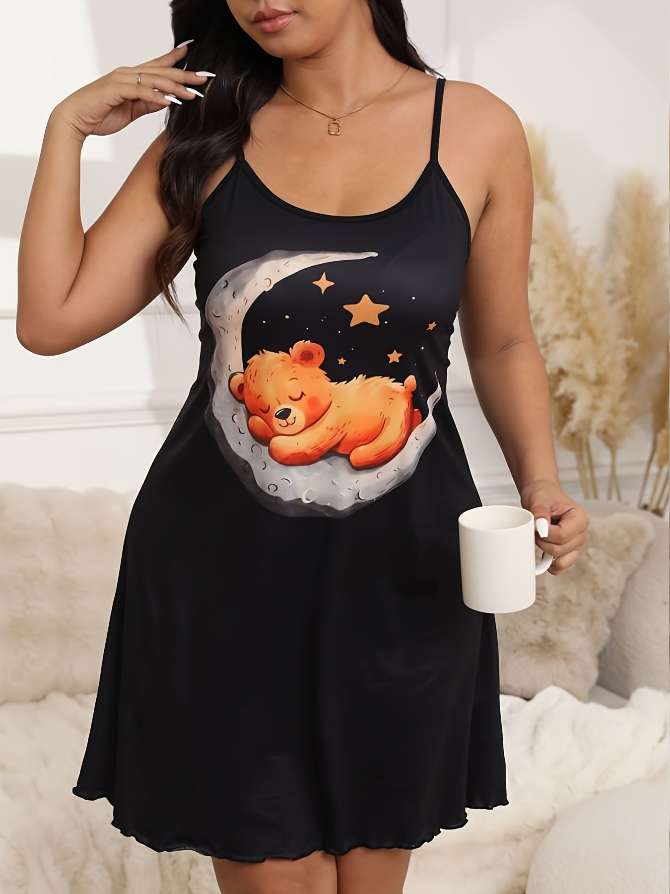 Plus Size Women's Sleep Dress Cartoon Bear Moon Print Nightwear