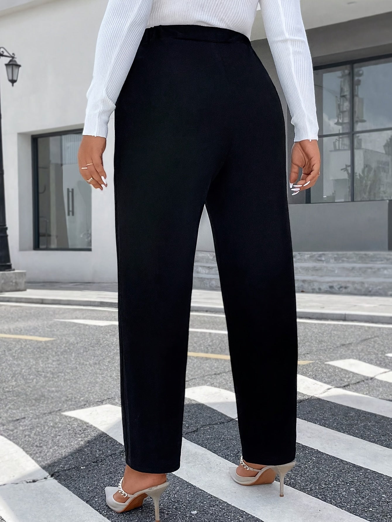 Plus Size High-Waist Straight Leg Pants with Decorative Buttons Black Polyester Blend