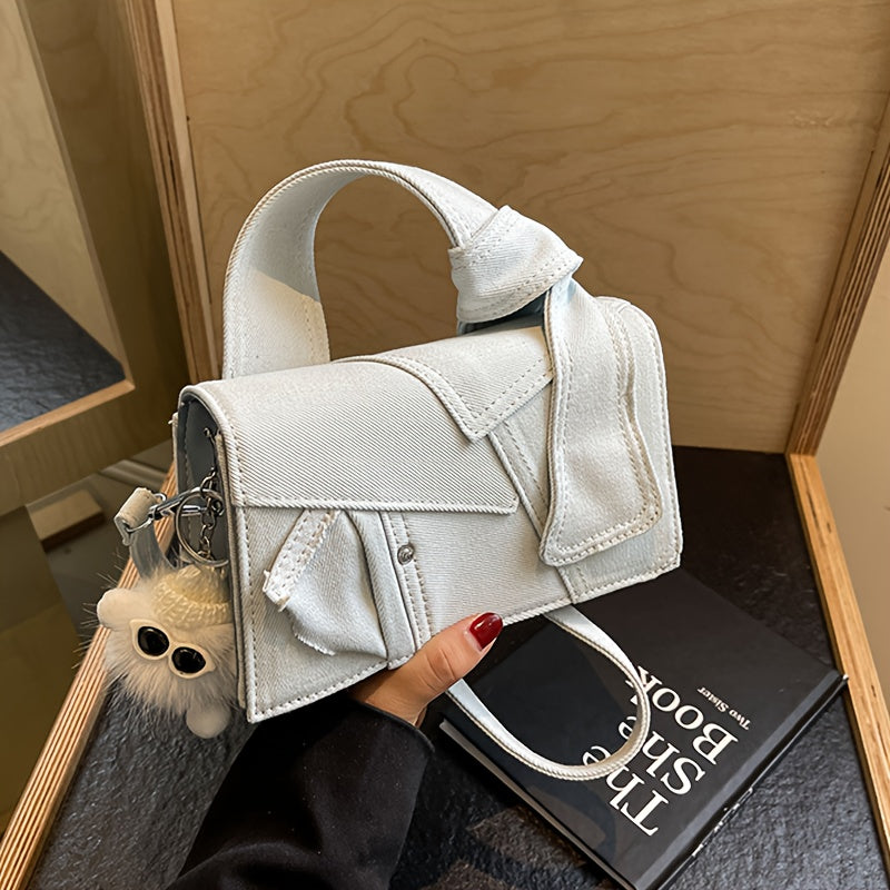 Women's Denim-Inspired Crossbody Bag with Magnetic Closure and Machine Washable Material in Royal Blue and Black