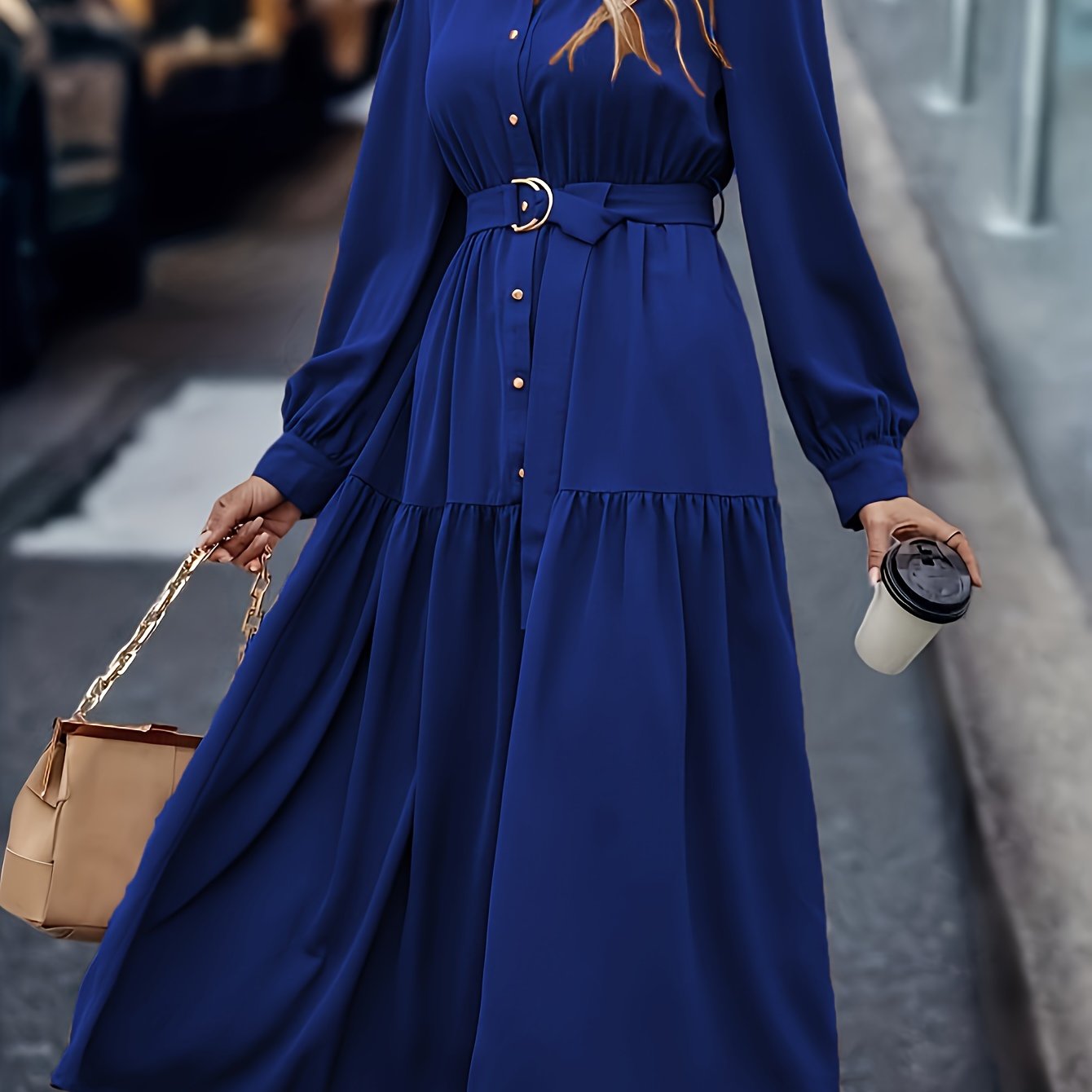 Women's Middle Eastern Style Polyester Shirt Dress with Lantern Sleeves and Ruffled Hem for Spring Fall