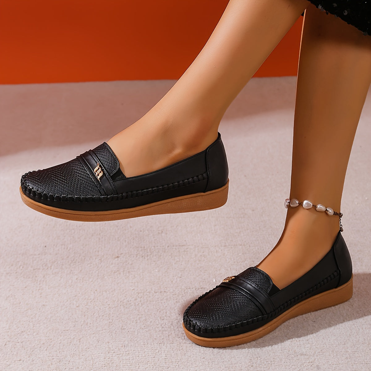 Women Loafers Solid Color Flannel Lined Slip-On Shoes with Buckle