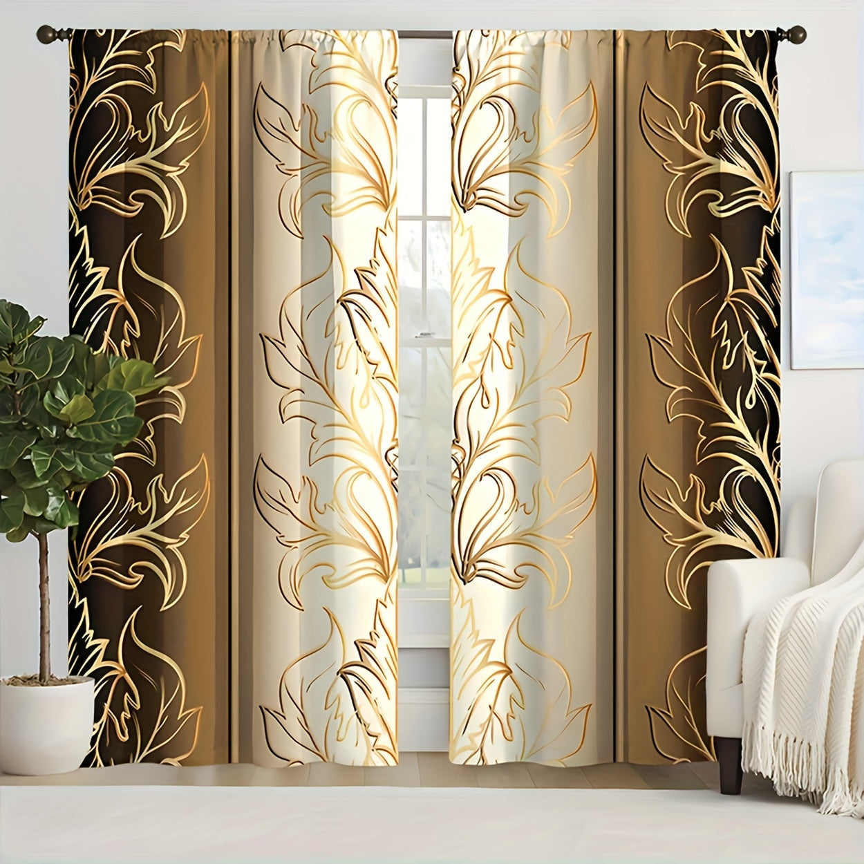 Leaf Print Curtains 2 Pieces with Rod Pocket for Bedroom Living Room Decor