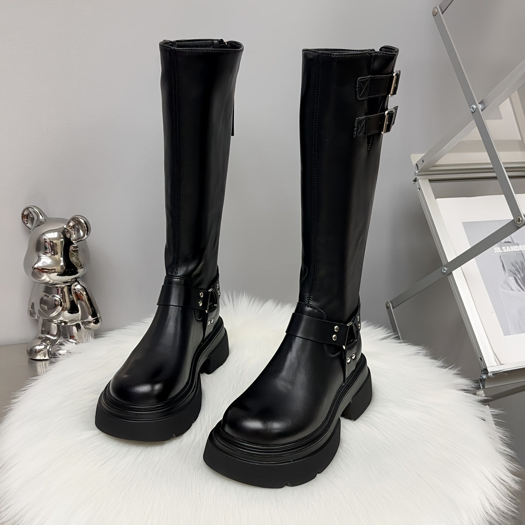 Women's Faux Leather Knee-High Platform Boots Black Buckle Straps