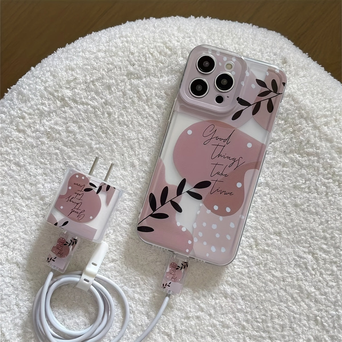 5-Piece Phone Case Set for iPhone 16/15/14/13/12/11 Series TPU Protective Cover with Flower Transparent Case Charger Case Data Cable Cases and Silicone Tie