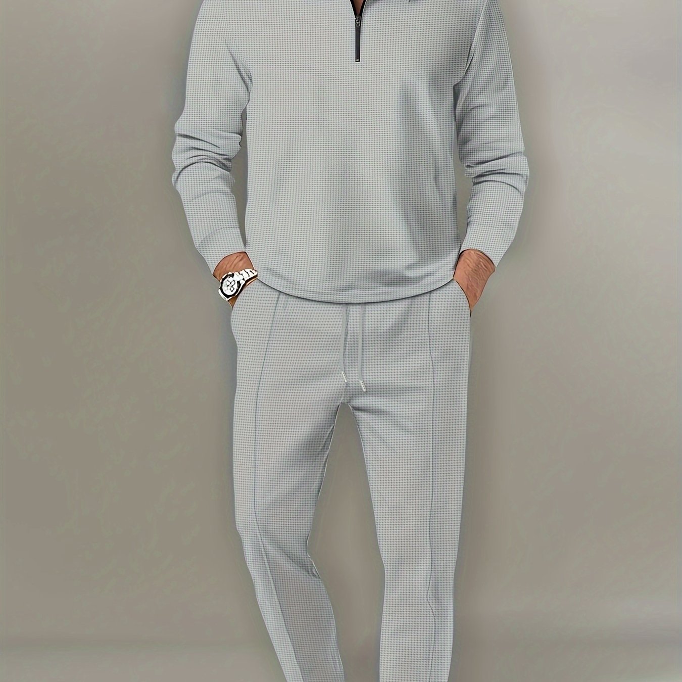 Men's Waffle Pattern Outfit Set V Neck Shirt and Sweatpants for Spring Fall