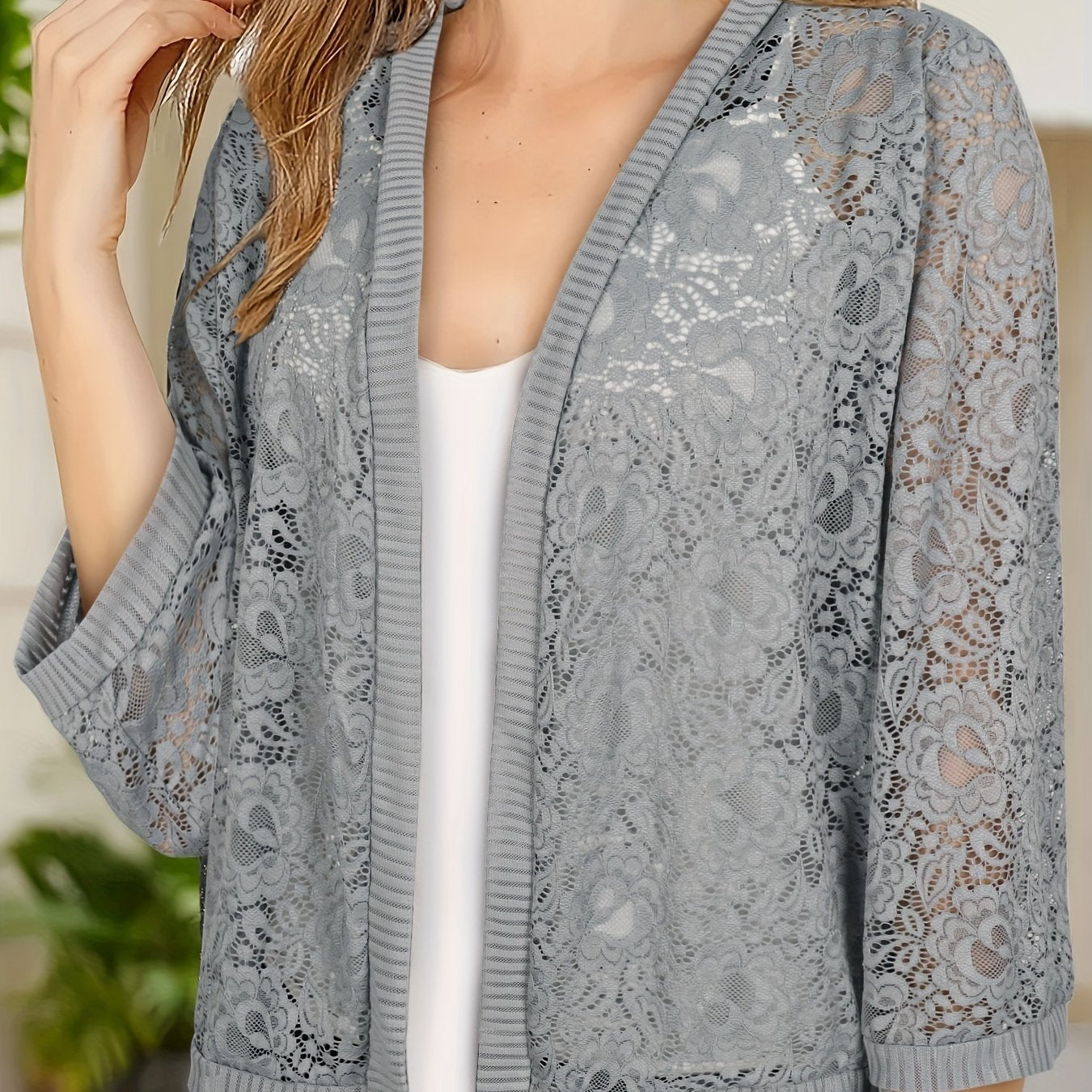 Plus Size Floral Lace Open Front Top Women's Long Sleeve Casual Spring Summer