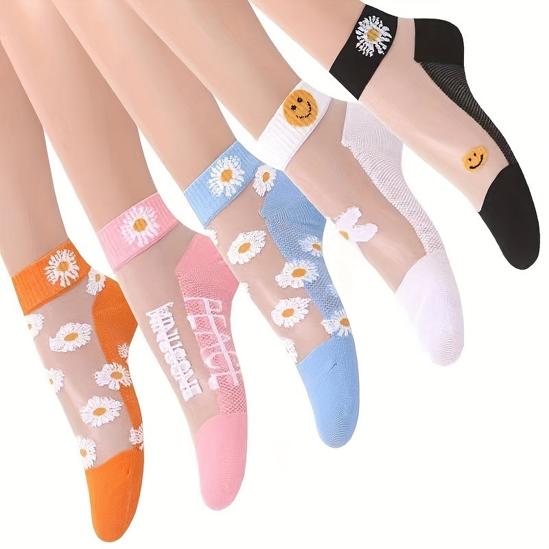 Women's Floral Print Short Socks 5 Pairs Breathable Lightweight Transparent Hosiery
