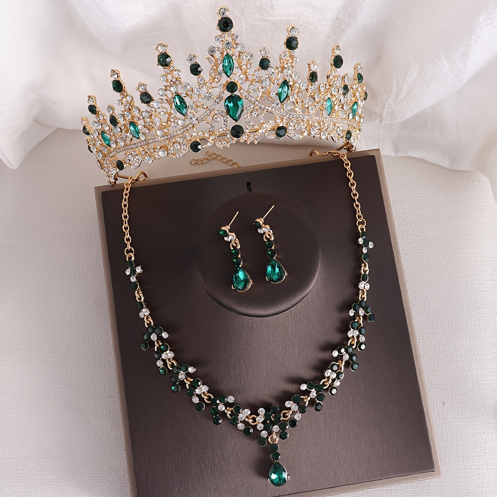 Vintage Baroque Rhinestone Crown Necklace and Earrings Set for Bridal and Wedding