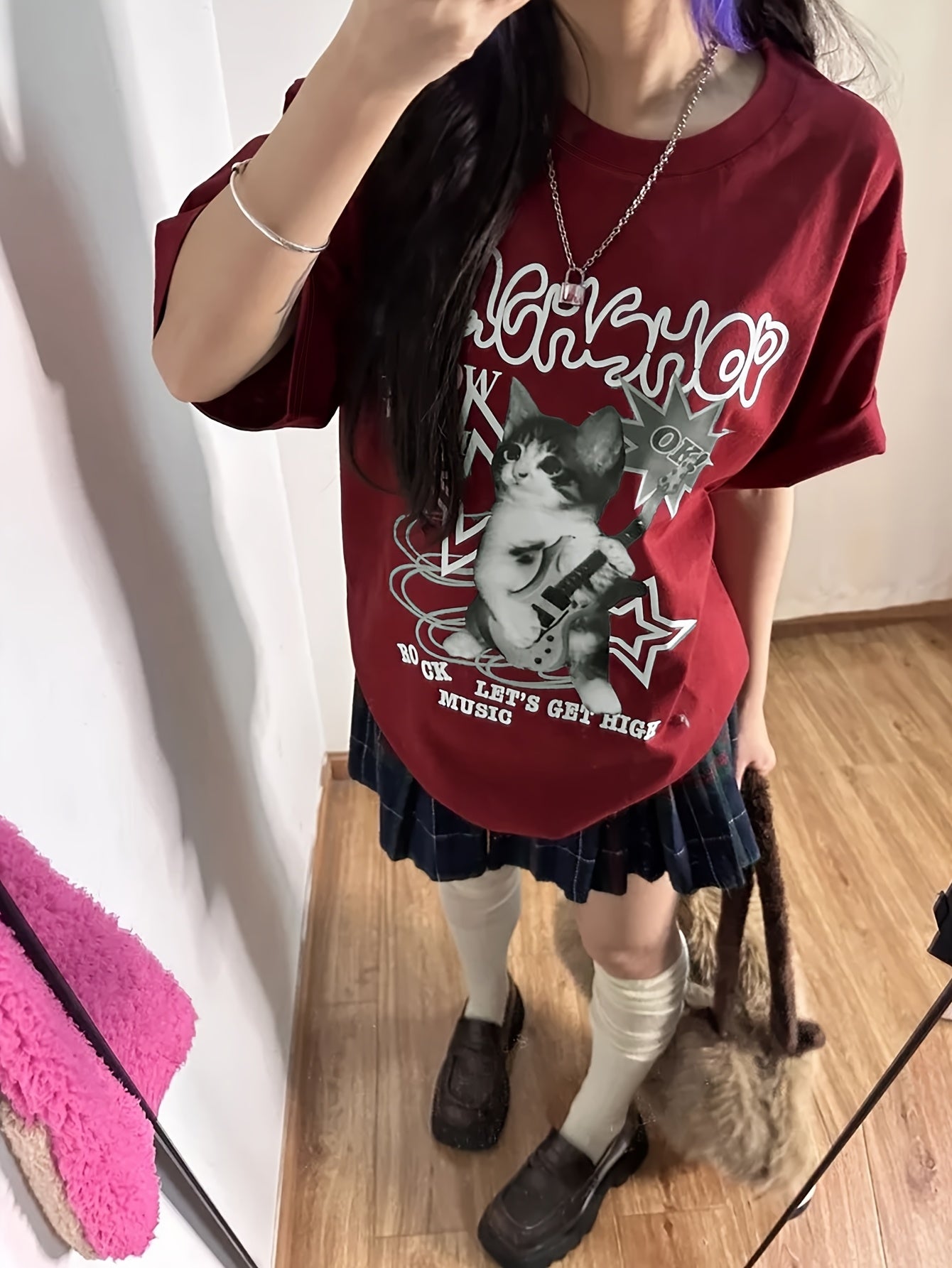 Women's Y2K Maroon Graphic T-Shirt with Black Cat and Artistic Lettering